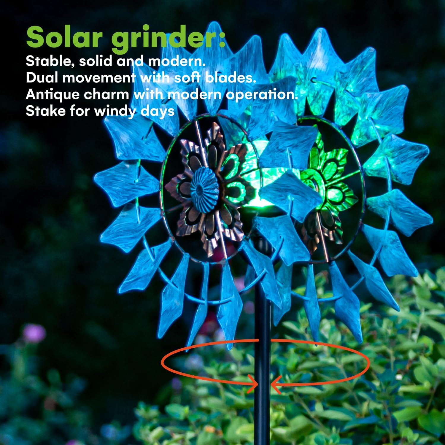 Solar Wind Spinner New Azure 75In Multi-Color Seasonal LED Lighting Solar Powered Glass Ball with Kinetic Wind Spinner Dual Direction for Patio Lawn & Garden image number 2