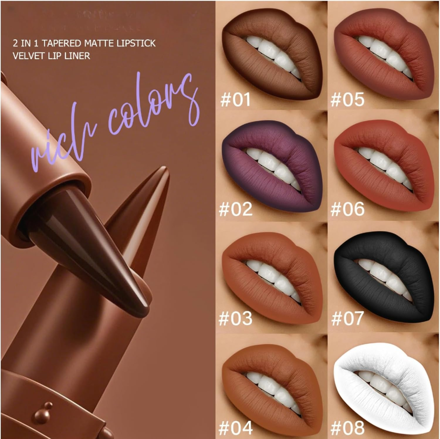 Matte Velvet Lip Liner &ndash; 2-In-1 Lip Liner & Lipstick for Defining & Filling Lips, Long-Lasting Smooth Lip Crayon, High Pigment, 3G(Color#01) image number 1