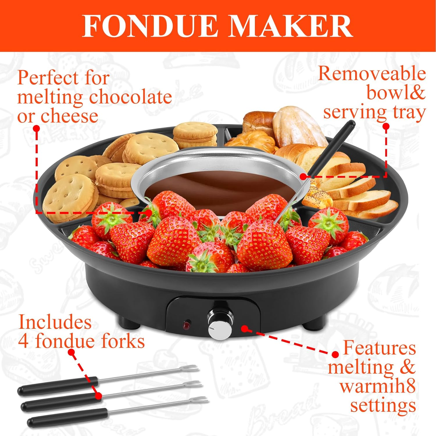 Electric Fondue Pot Set,Chocolate Fondue Kit Temperature Control, Detachable Serving Trays and 4 Roasting Forks,Gift Set and Date Night Idea. image number 4