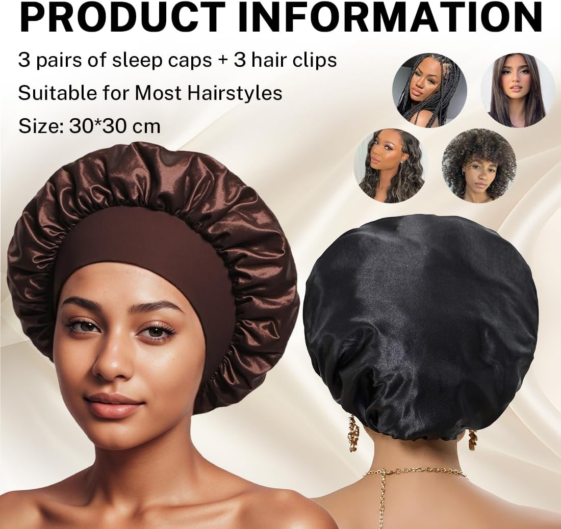 KIRZAX Pack of 3 Silk Caps for Sleeping, Breathable Sleep Cap, with 3 Hair Elastics, Satin Hair Cap for the Night, for Women and Girls (Black, Brown, Leopard) image number 3