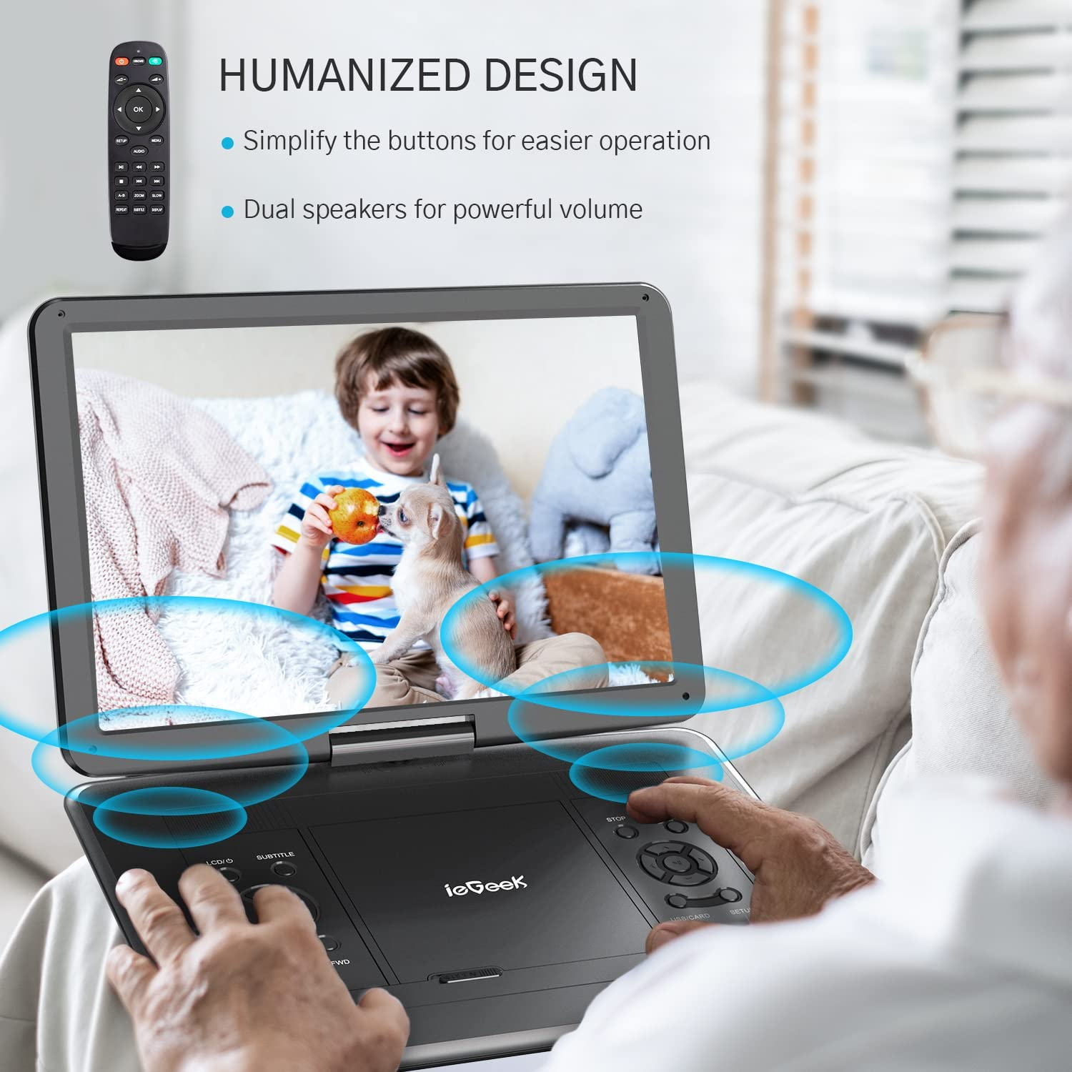 Iegeek 17.5" Portable DVD Player with 15.6" Swivel HD Large Screen, 6 Hrs 5000Mah Rechargeable Battery, High Volume Speaker, Support USB/SD Card/Sync TV, Car Charger, Remote Control,No Region Restrict image number 5