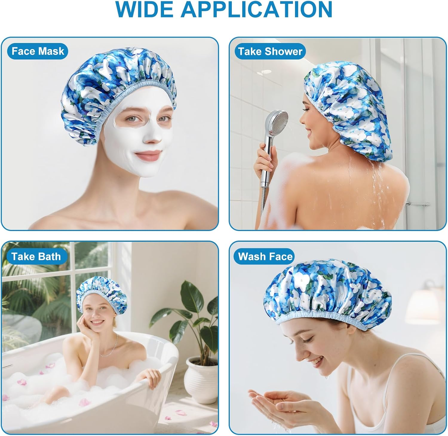 Upgraded Waterproof Terry Shower Caps, Reusable Shower Cap for Women with Long Hair, Soft Absorbent Hair-Protecting Towel Lining Bath Cap, Large Leak-Proof Hair Cap with Fashionable Print Outer-Blue - Blue image number 2