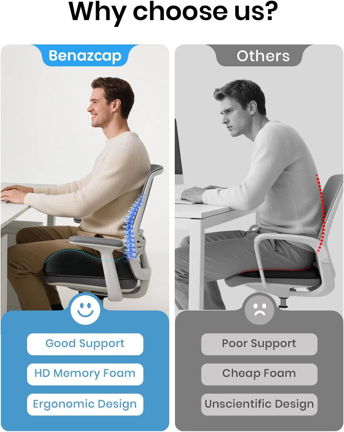 Benazcap Seat Cushion - Memory Foam Office Chair Cushion Seat Pad - Sciatica & Lower Back Pain Relief - Car Seat Cushions for Driving Seat Cushions image number 1