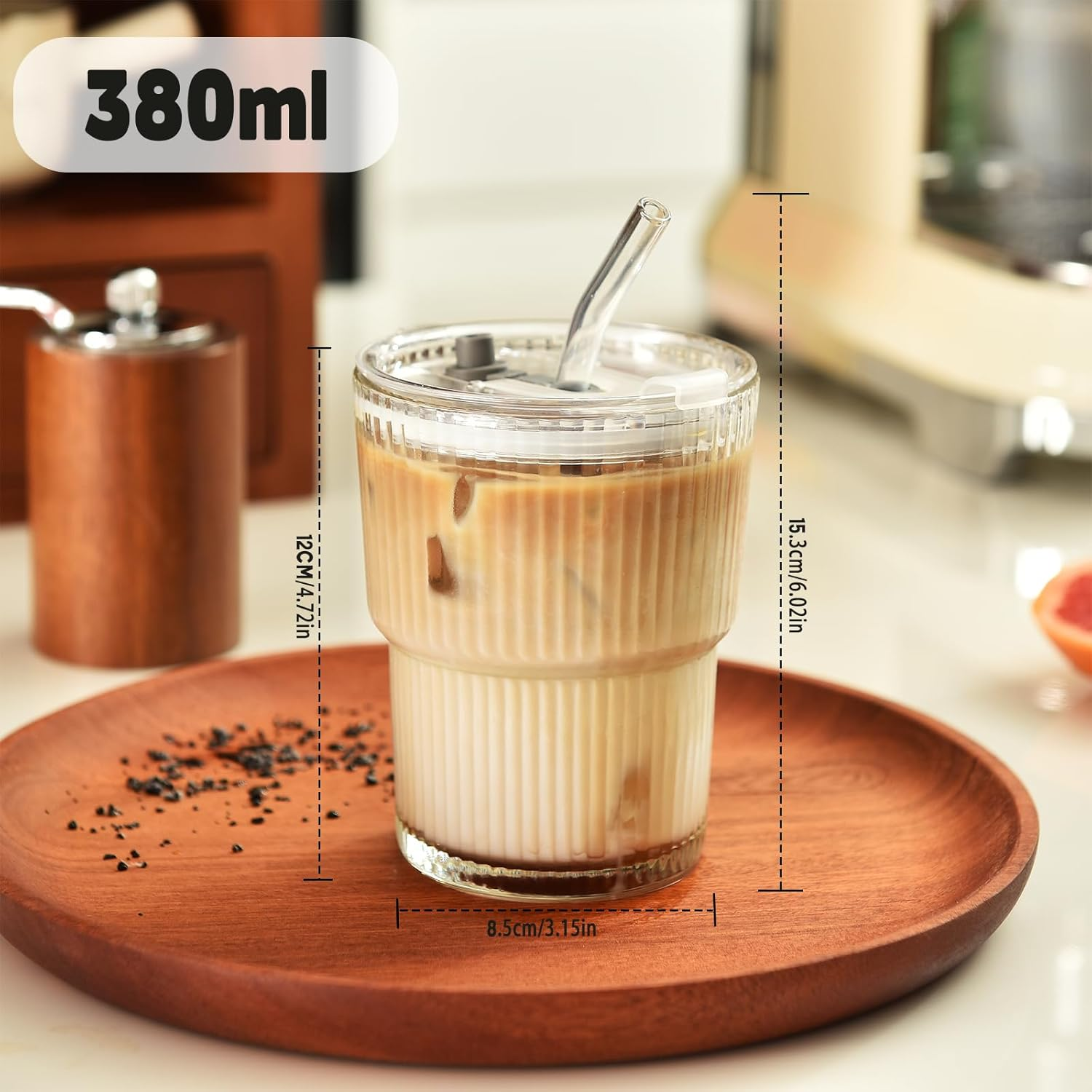 14Oz Glass Tumblers with Lids and Straws, Set of 2 - Stylish Ribbed Design Drinking Glasses for Iced Coffee Cups, Juice, Smoothies, Cold Beverages, Includes Cleaning Brush, Durable Glassware image number 1