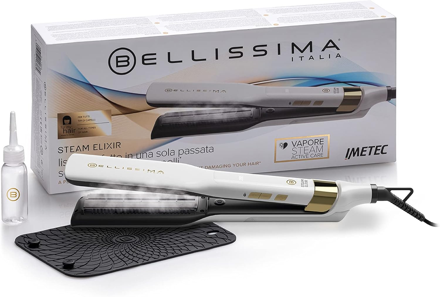 Bellissima Imetec Steam Elixir, Steam Straightener, Smooth Hair in One Paste without Damage, Ceramic Coating and Argan Oil, Quick Heating, 4 Temperature, Heat Resistant Mat image number 1