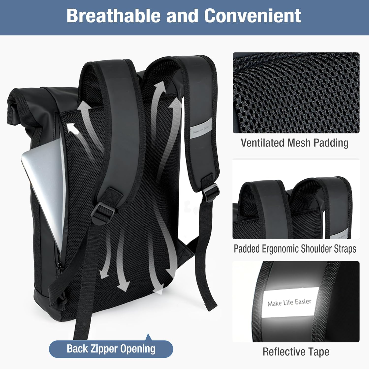 Lekebobor Rolltop Backpack Laptop Backpack Womens Mens 17 Inch Waterproof Backpack Dry Bag Roll Top Rucksack for Hiking Cycling Business Travel image number 6