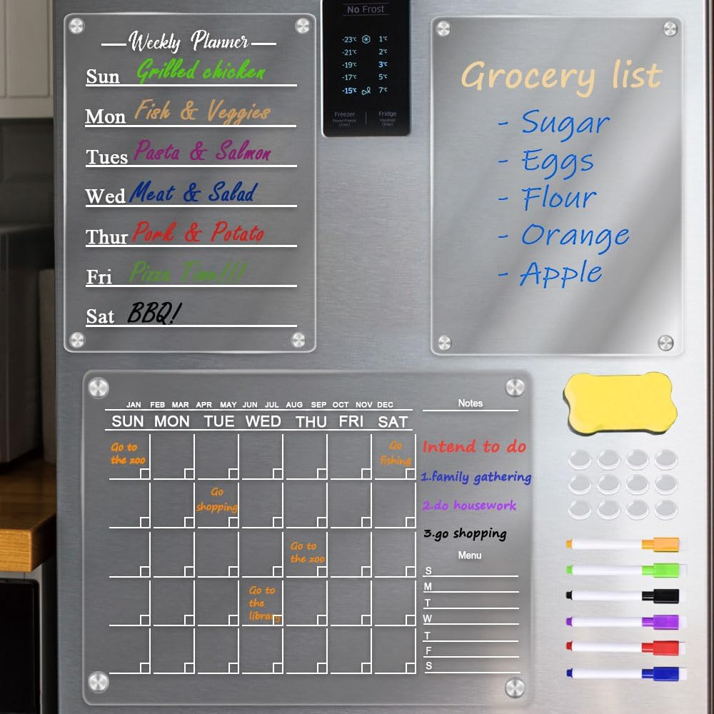 3Pcs Magnetic Acrylic Calendar for Fridge,Fridge Calendar Dry Erase Magnetic Planning Boards Acrylic Planner Monthly+Weekly Board+Memo Demos with 6 Markers+1 Erase(Clear) image number 3
