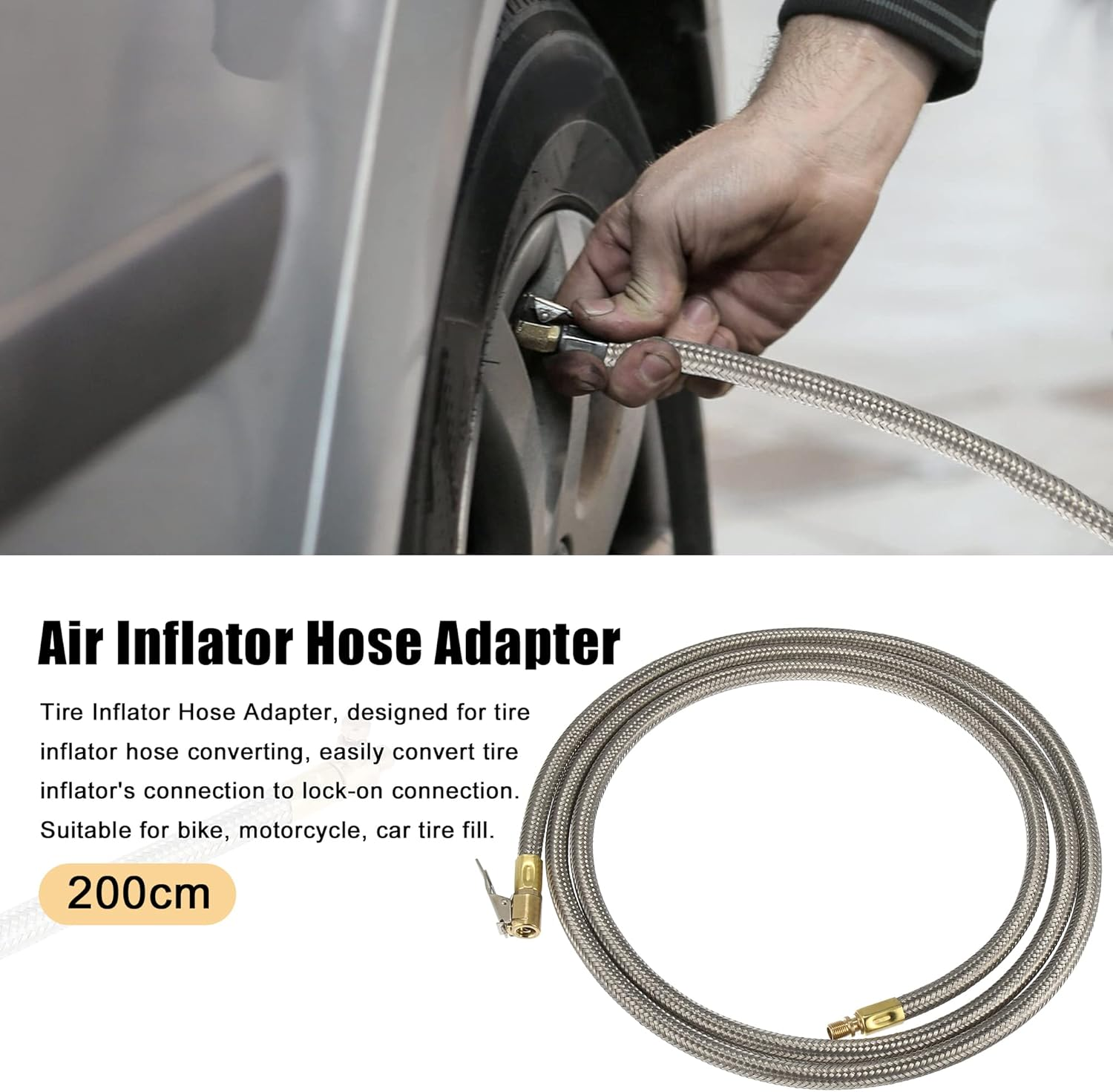 X AUTOHAUX Flexible Stainless Steel 200Cm 79" Tire Valve Connect Pipe Air Chuck Inflator Compressor Pump Extension Hose for Car Motorbike Bike Quick Connect image number 3