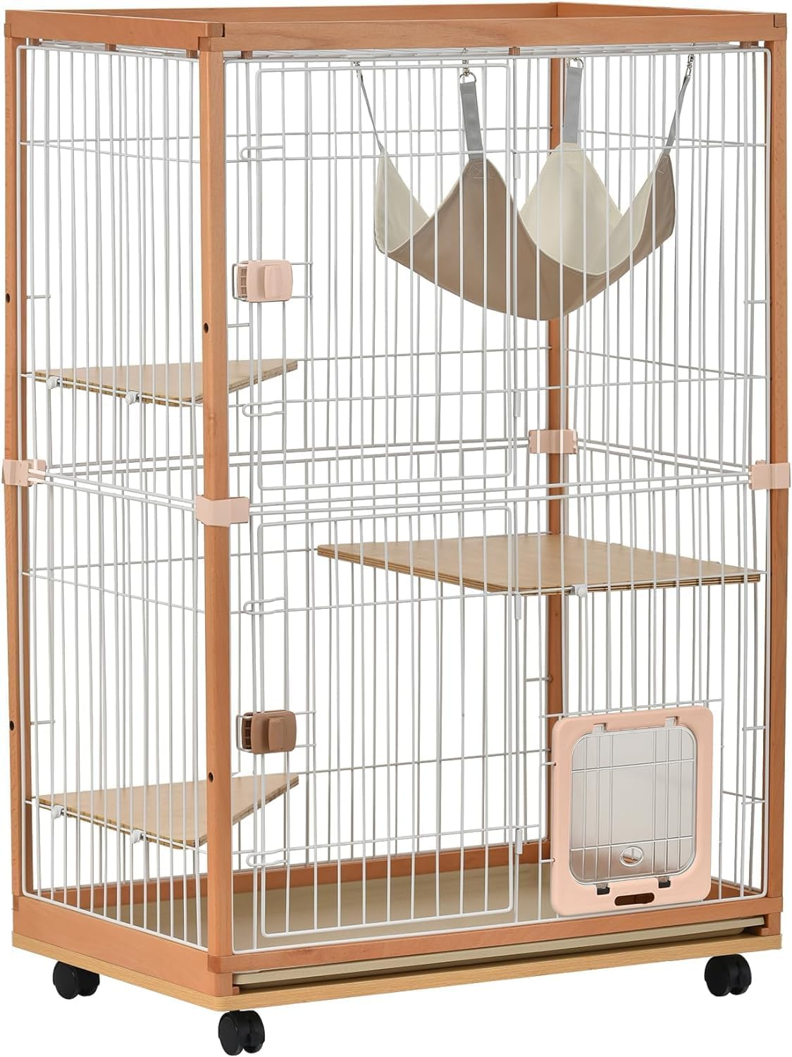 BTM Cat Cage, 2 Tiers, Wooden Frame, Spacious, Large, Stylish, Cat House, Answering Machine, Ladder, Protection, Escape Prevention, Easy Assembly, Multiple Heads, Pet Cage, Natural