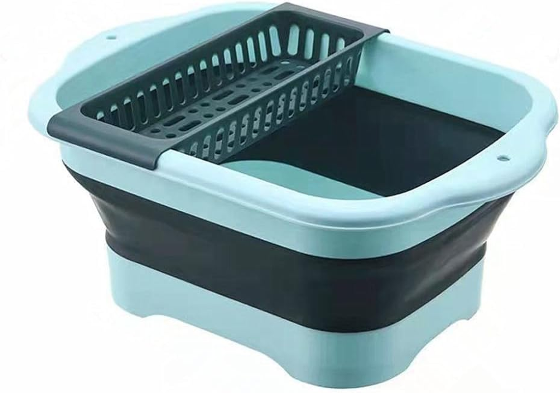 Collapsible Dish Basin with Draining Rack- 11L Foldable Bucket Sink Tub Portable Multifunctional Hang Basket, Space Saving Plastic Basin for Outdoor Camping, Vegetable Washing Kitchen Storage