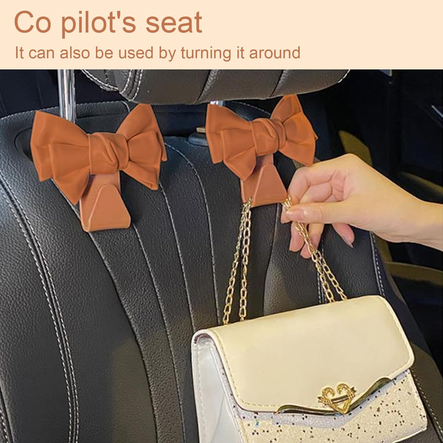 2 Pcs Car Back Seat Headrest Hooks, Elegant Stylish Leather Bow Car Hangers, Universal Rear Car Seat Storage Hook, Auto Interior Accessories for Handbag Purse Coat (Brown) image number 1