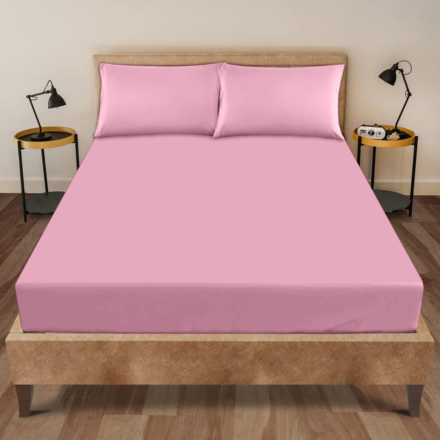 Premium Plain Dye Fitted Bed Sheet, Washable Bedding & Linen, Bobble Free Super Soft Bottom Sheet, Pink, 4Ft Double