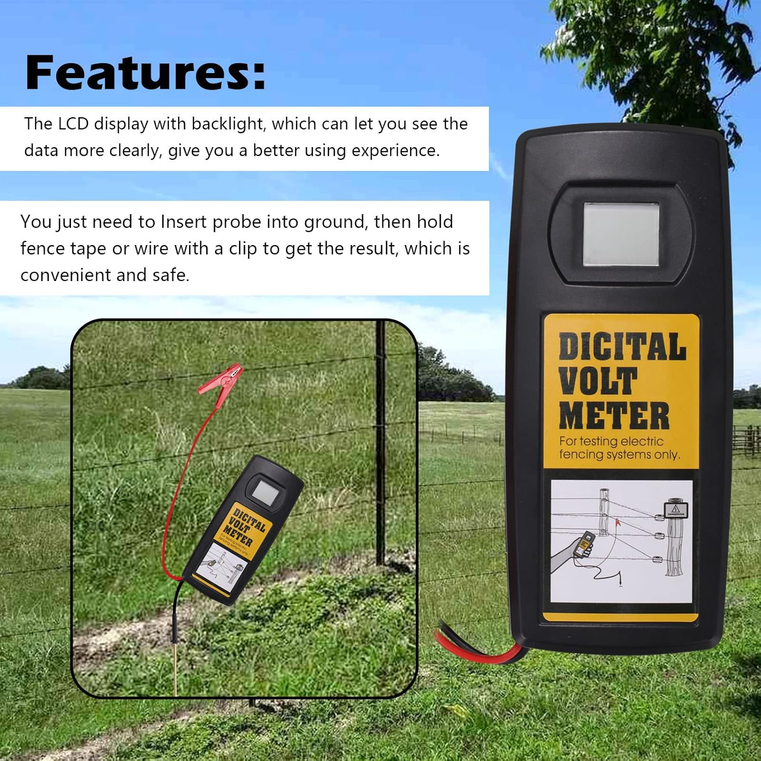 Mingzhe 9.9KV Digital Fence Tester Home Garden Horse Livesto Electric Fence Voltmeter LCD Display Wi Backlight image number 4