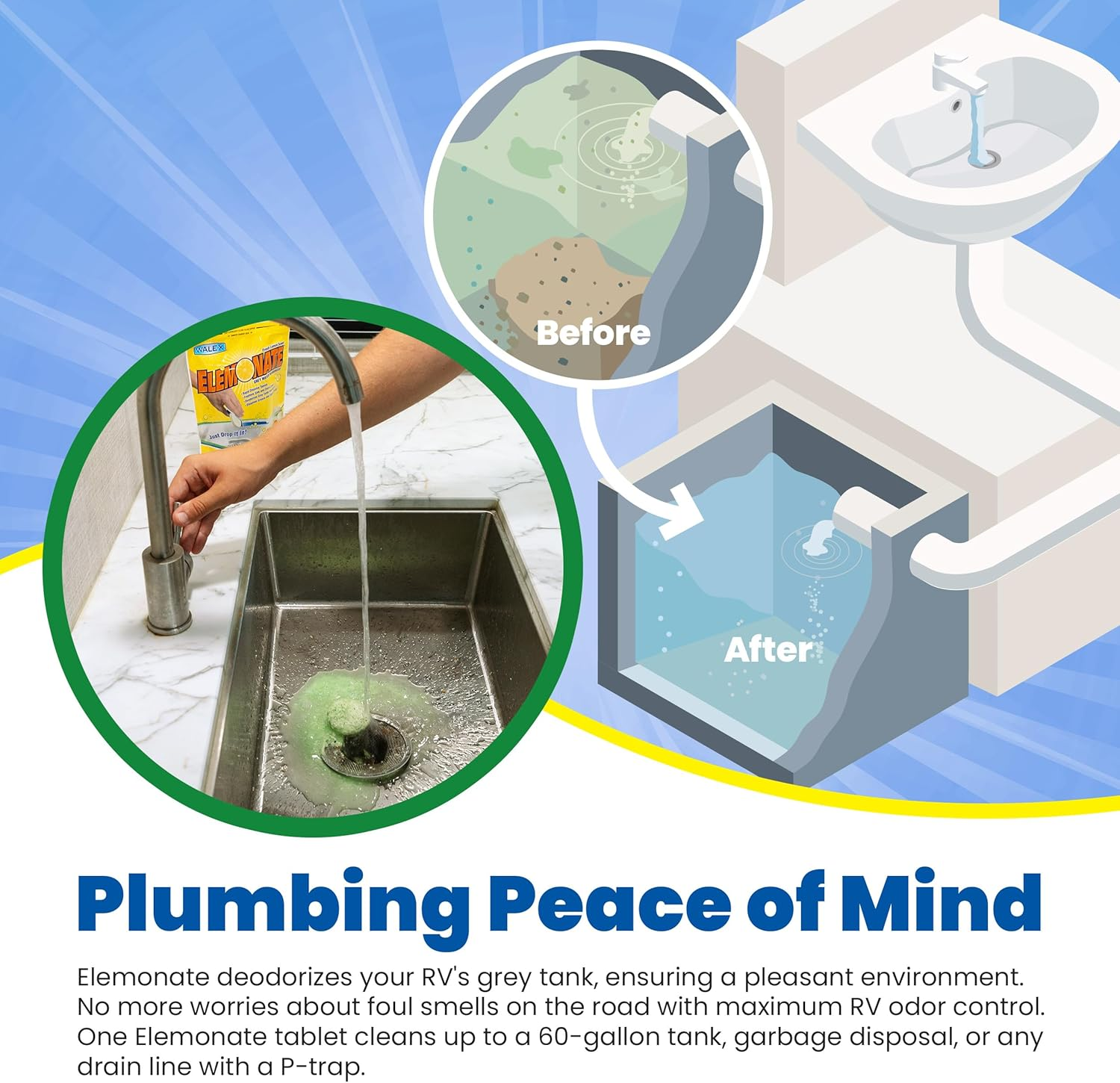 Walex TOI-61776 Elemonate Grey Water Deodorizer Drop-Ins, Fresh Lemon Scent (Pack of 5)