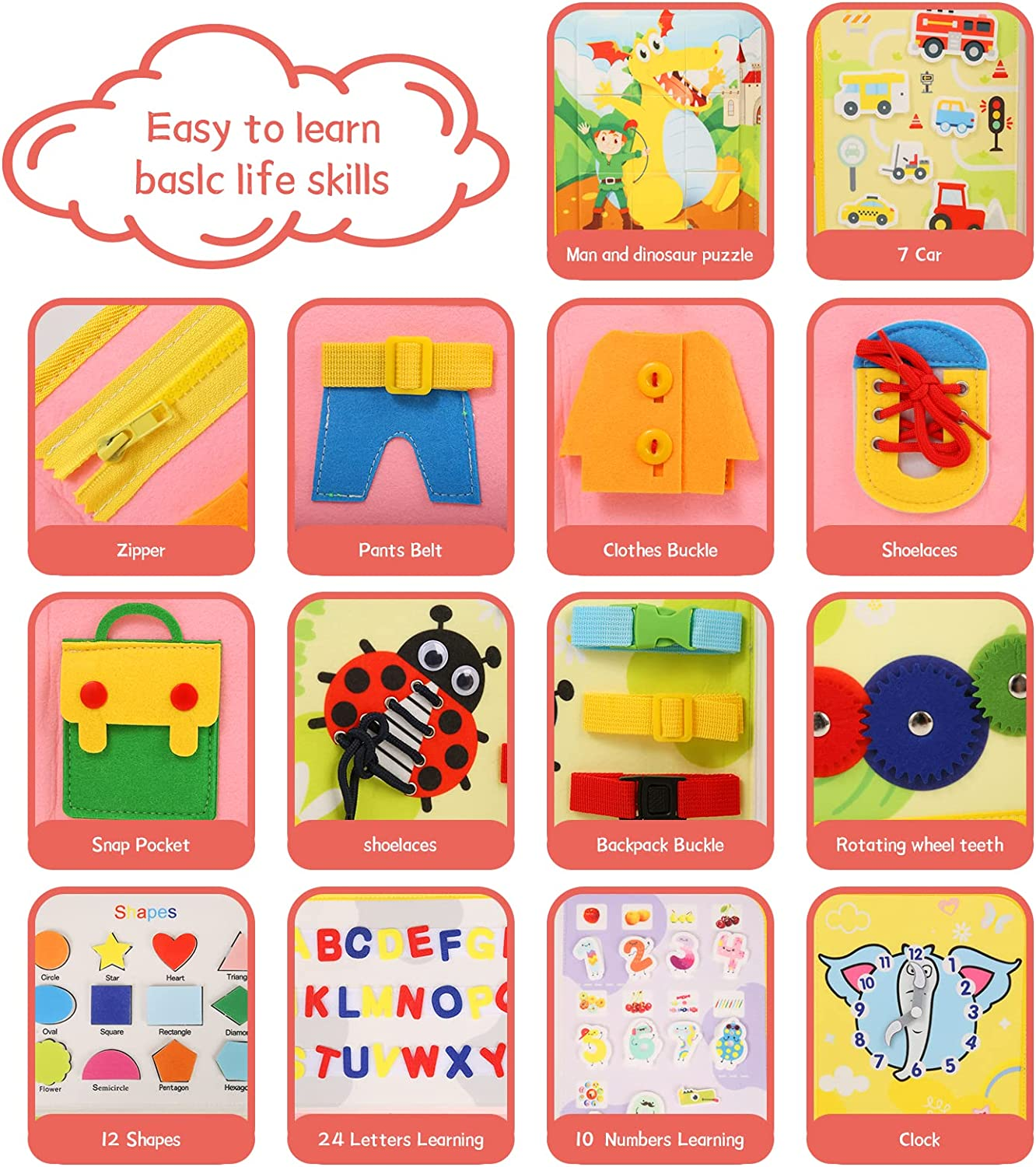 Coxedafi Busy Board for 1-5 Year Old Boys Girls, 5 Page Toddler Montessori Sensory Toys, Fine Motor Skills Learning Educational Preschool Travel Busy Book (Yellow) image number 6