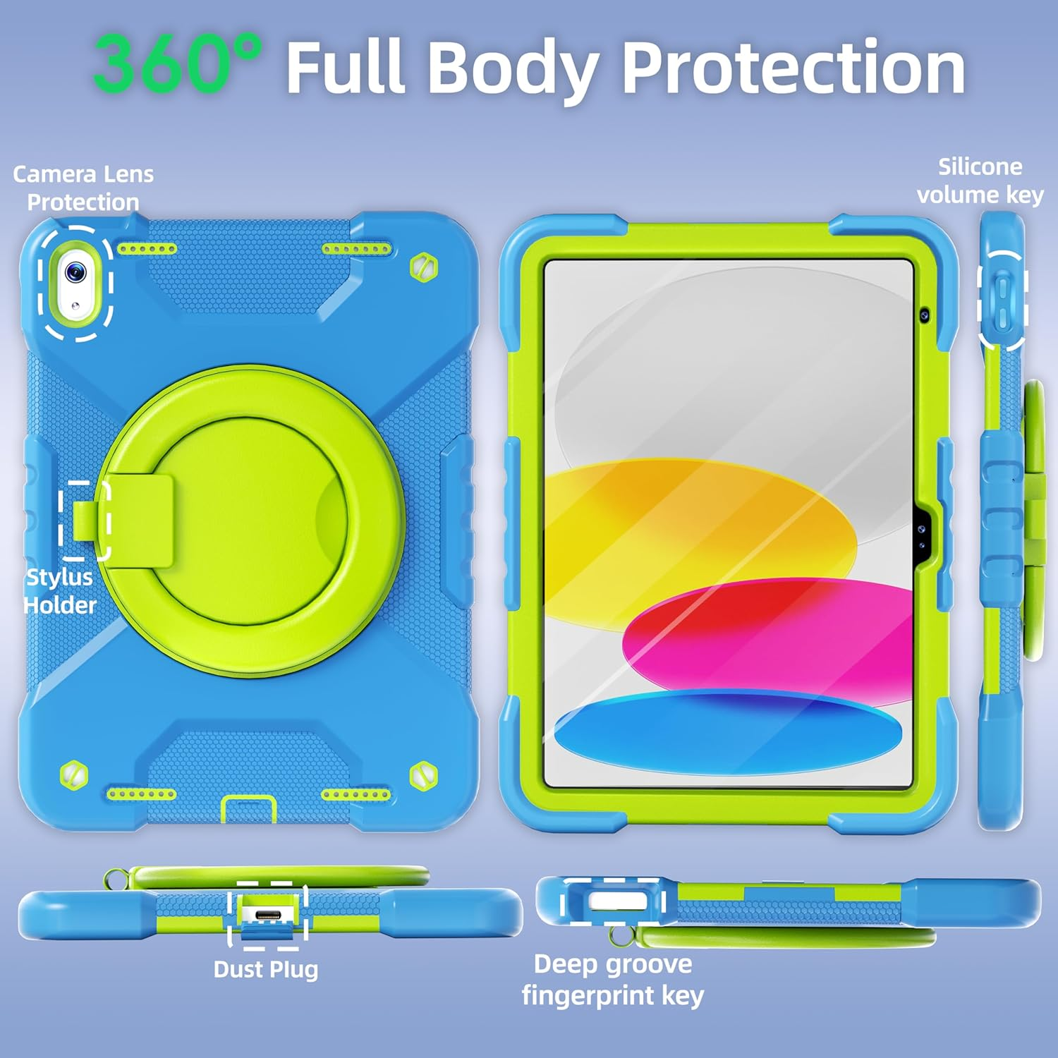 Case for Ipad (A16) 11Th Generation 11 Inch 2025/10Th Generation 10.9 Inch 2022, Heavy Duty Shockproof Cover with 360&deg; Rotating Handle/Bracket/Pen Holder/Shoulder Strap, Blue+Green image number 5