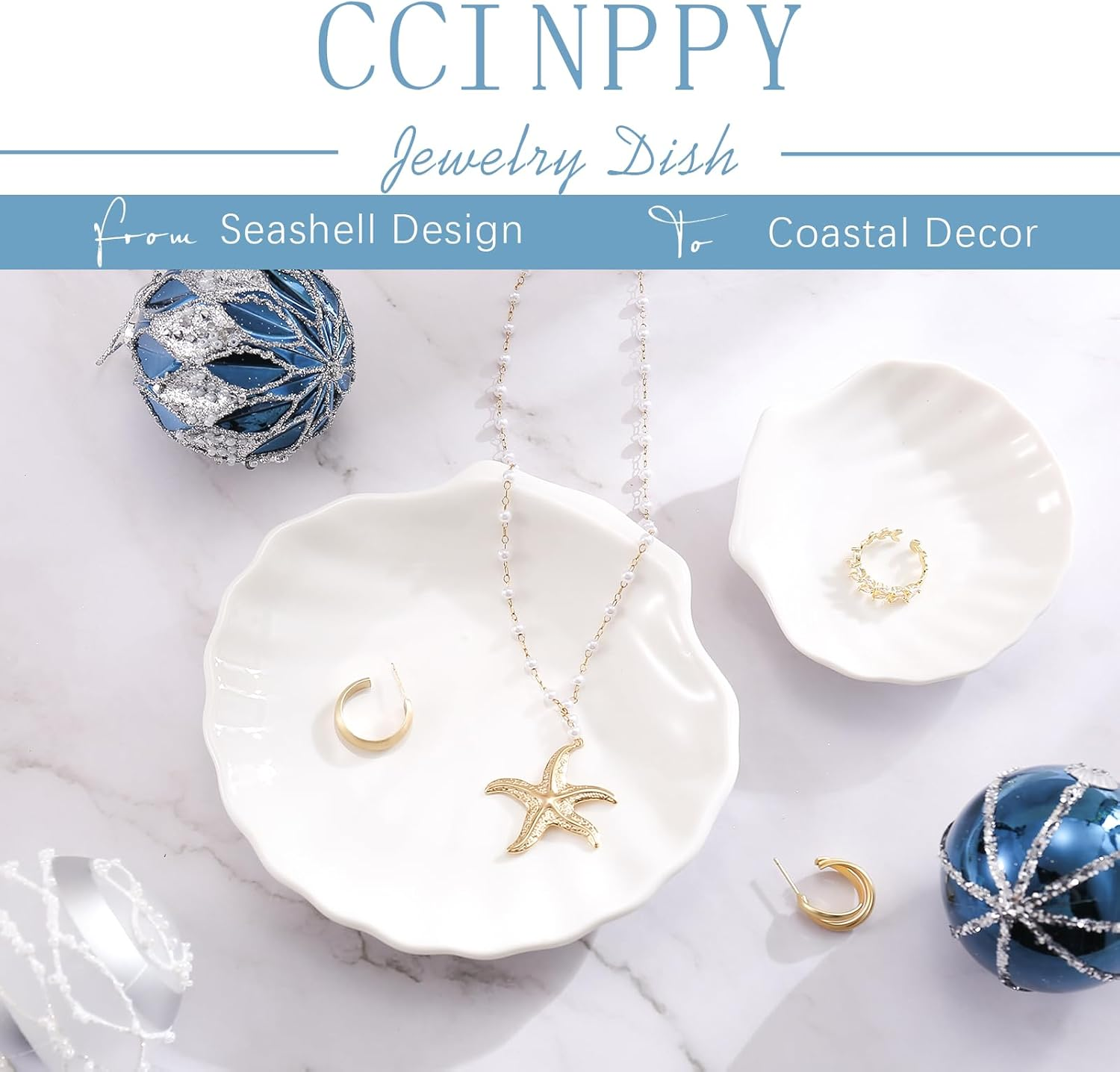 Shell Ring Dish Tray, Ceramic Jewelry Tray Trinket Dish, Seashell Key Holder Bowl, Beach Room Coastal Decor Aesthetic, Ocean Bathroom Counter Decor, White, Small