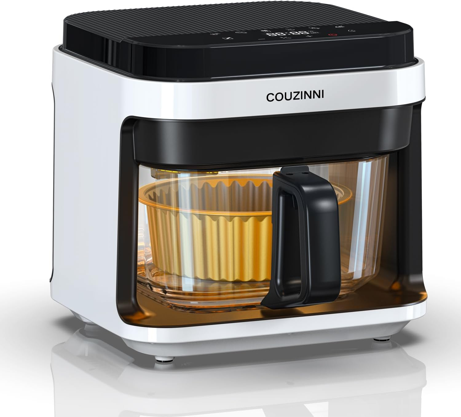 Couzinni 6.5L Digital Glass Air Fryer, 8In1 Cooker Pot for Quick Easy Oiless Meals, Fry, Roast, Bake, with Easy-View Window Cooking Basket, Mesh Tray and Heatproof Mat