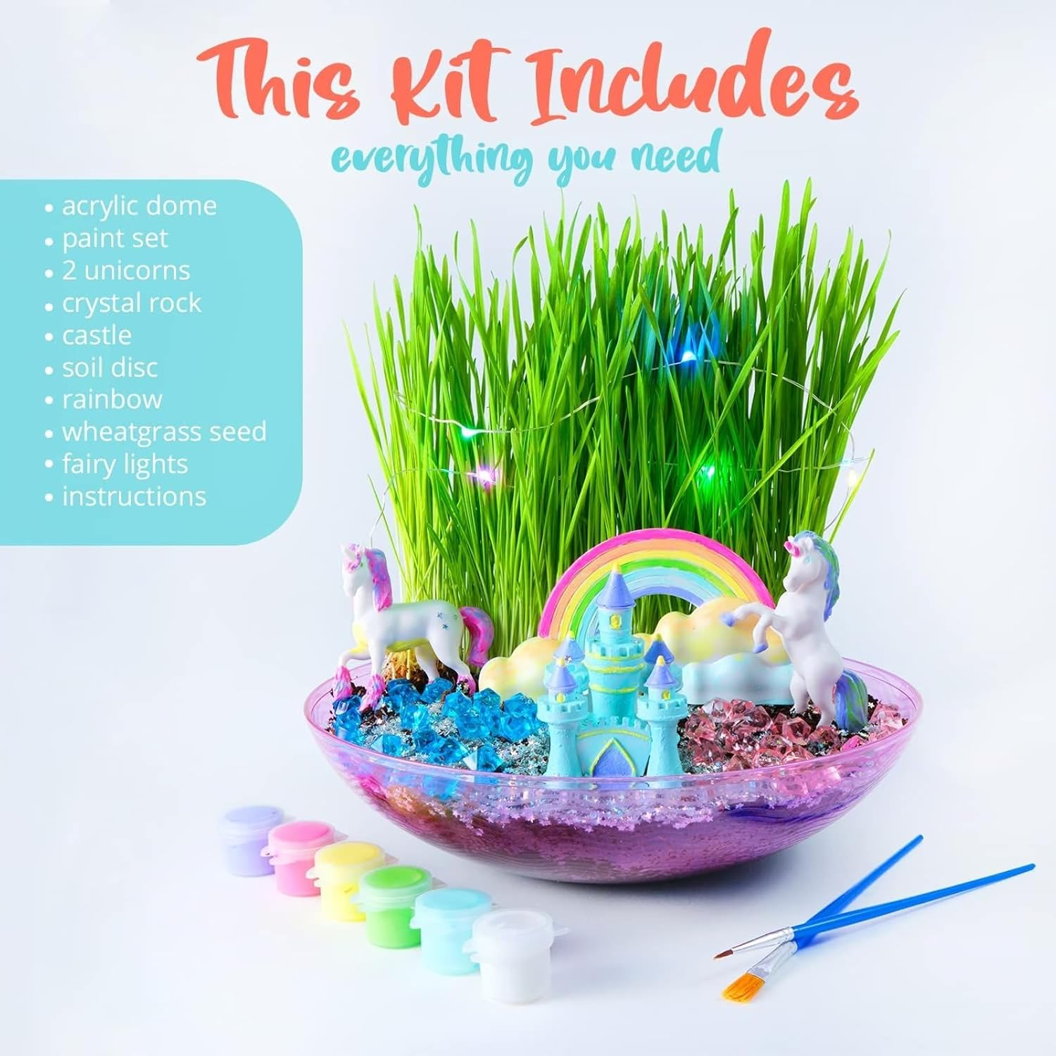 BRYTE Light up Unicorn Terrarium Kit - Blue & Pink round Plastic Dome, Ages 4-12 - Fairy Garden Kids Kit with Seeds & Terrarium Rock image number 2