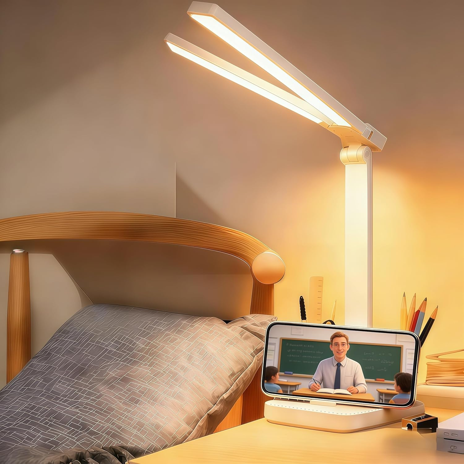 Double Head Desk Lamp, Rechargeable Portable Table Lamp, Adjustable Light Color and Brightness, USB Powered, LED Light for Work, Reading, Emergency (White) image number 1