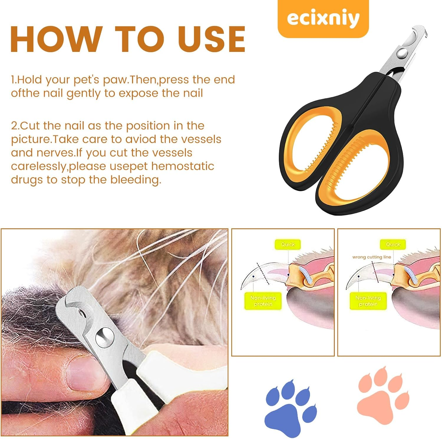 【Ecixniy】Premium Ergonomic Pet Nail Clippers for Cats, Dogs and Small Animals - Anti-Slip Sharp & Safe Design for Claw Trimming(Orange) image number 1