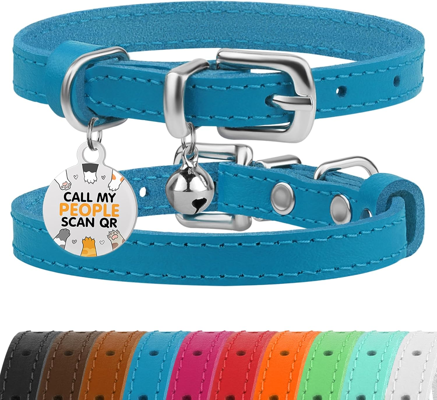 BRONZEDOG Leather Cat Collar with Removable Bells Non Breakaway Kitten QR Tag for Girl Boy (7" - 9" for Cats, Blue & Silver) image number 6