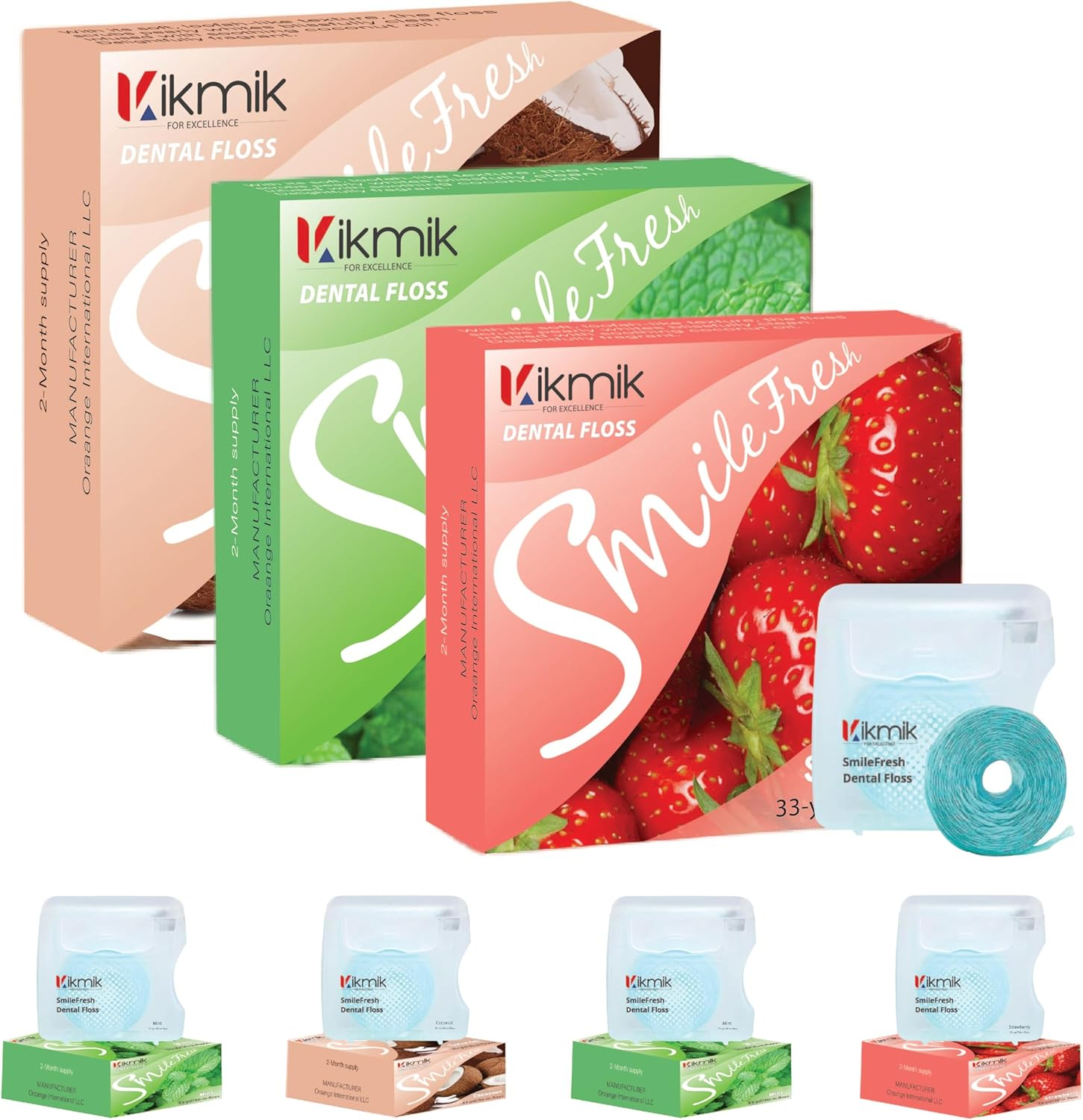 4-Pack Kikmik Woven Dental Floss - Mint, Strawberry & Coconut Floss - Shred Resistant, Extra Wide Woven Floss Dental, Gentle on Gums, Effective Plaque Removal, 33 Yards Each image number 2