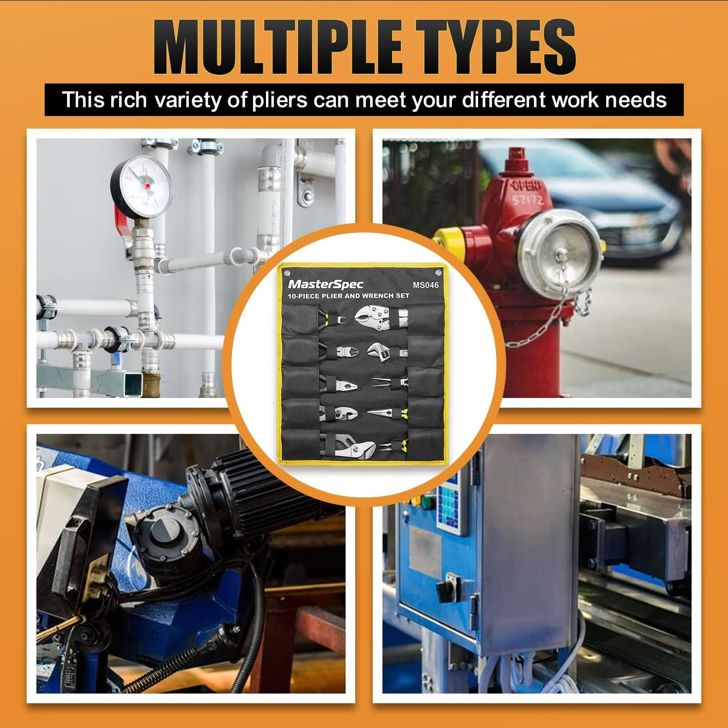 Masterspec 10Pcs Hand Tool Set Pliers Set Multi-Grip Pliers Long Nose/Slip Joint/Diagonal/Combination/Jaw Locking/Water Pump Pliers/Adjustable Spanner for Home Industry image number 4