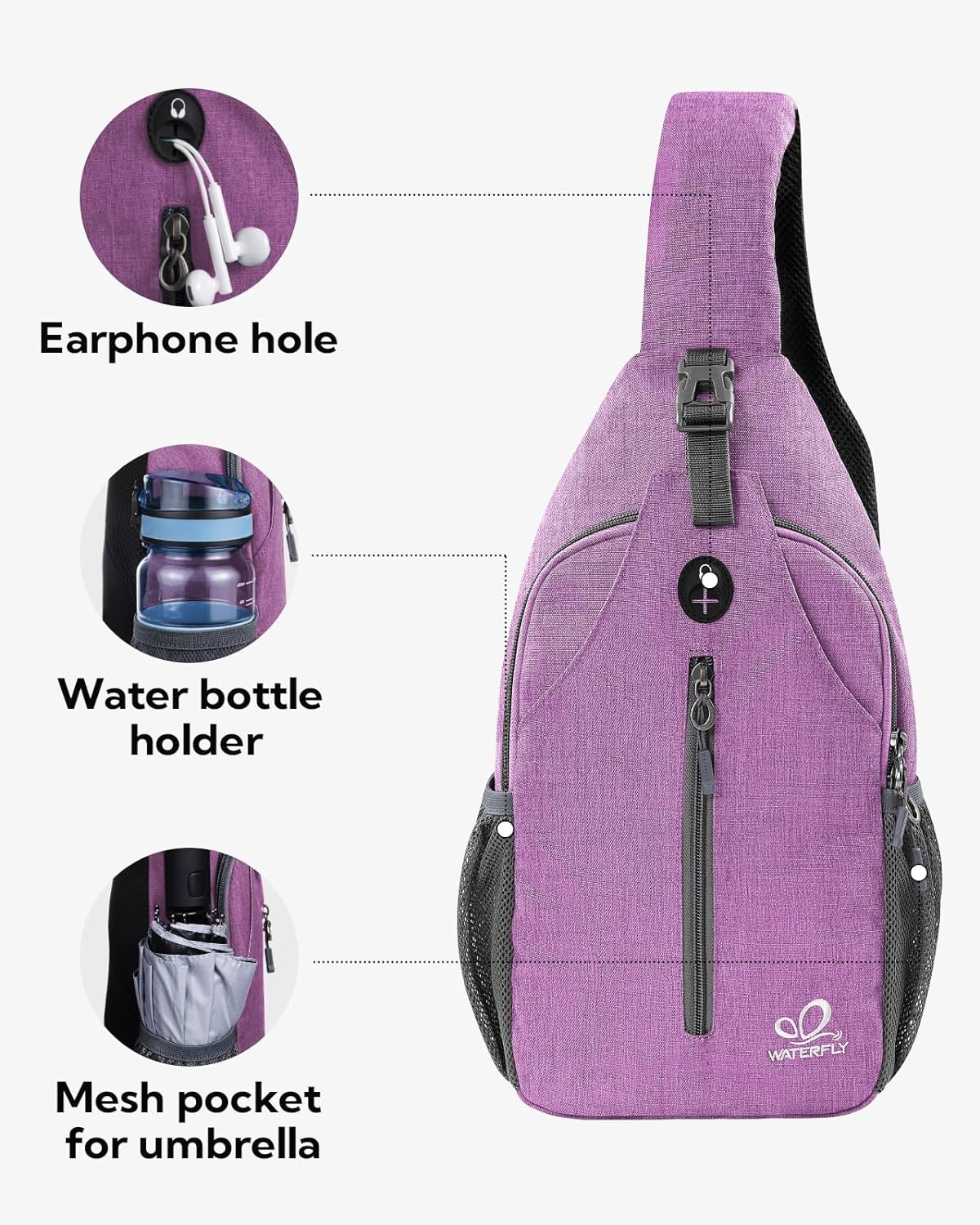 WATERFLY Small Hiking Sling Backpack: Crossbody Sling Bag Chest Bag Daypack for Men Women with Skin-Friendly Shoulder Strap image number 2