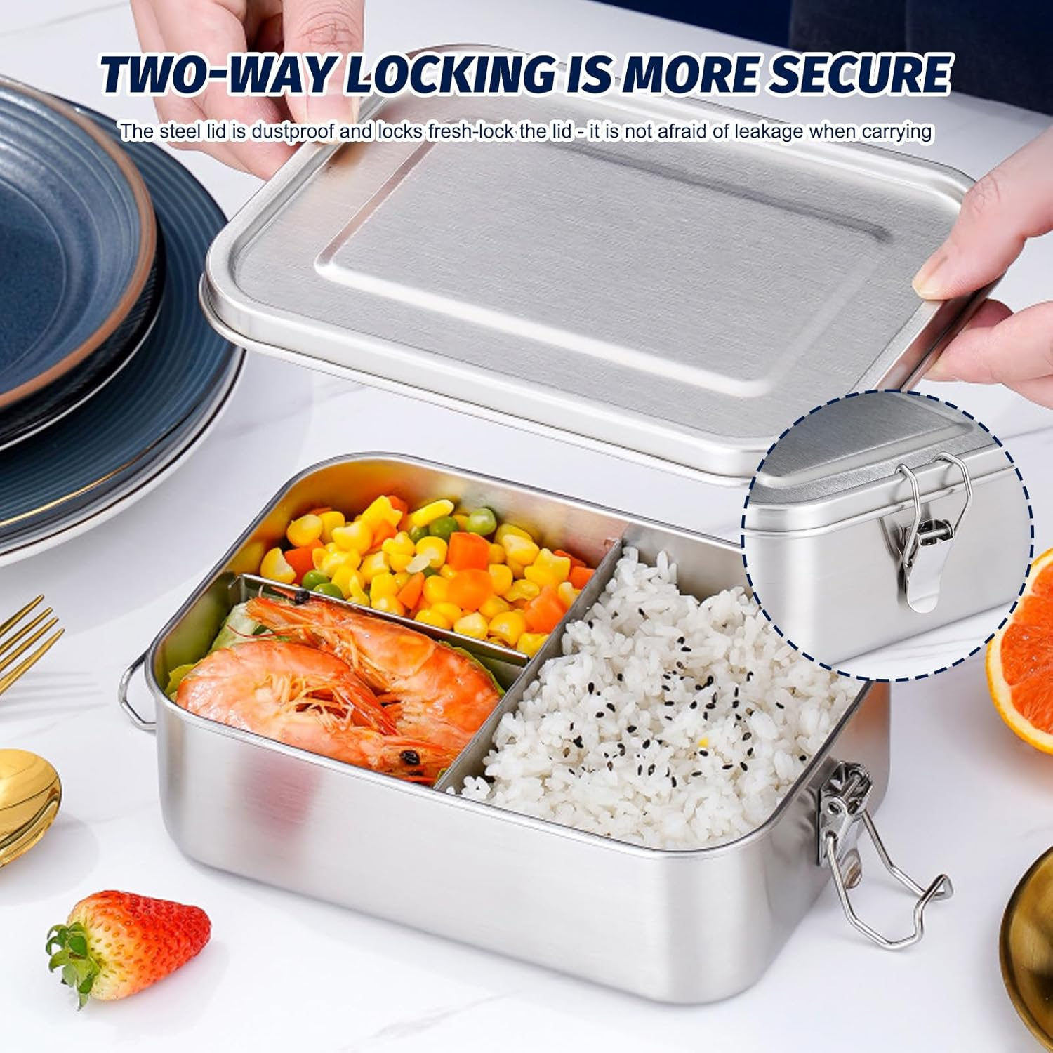 Stainless Steel Bento Lunch Box 1200ML, 3-Compartment Metal Lunch Box for Kids & Adults, Eco-Friendly Meal Prep Container with 45Ml Leak-Proof Dip Container image number 3