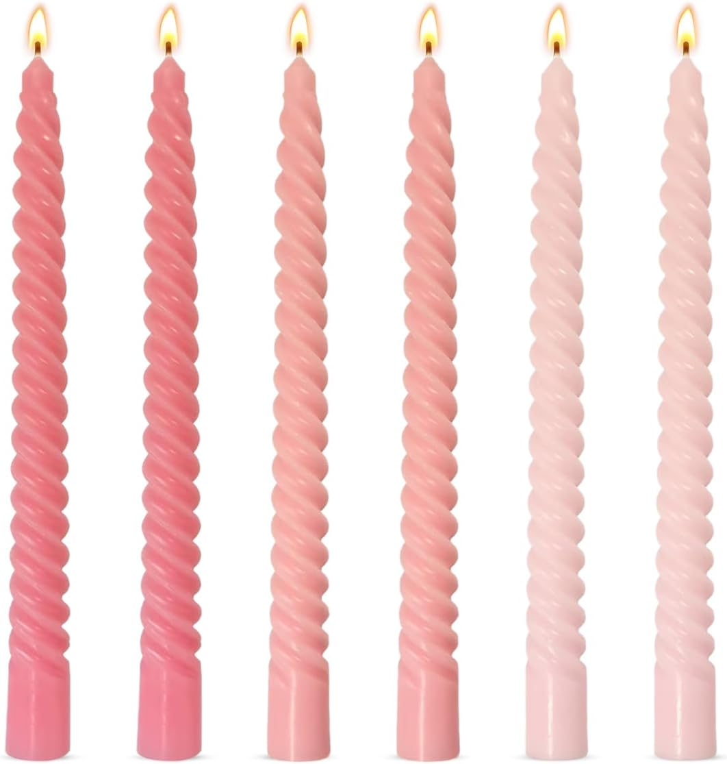 6 Pack 10 Inch Pale Pink Spiral Taper Candles for Holiday Home Decoration, Unscented Dripless Twisted Candlesticks for Dinner Party Wedding Baby Shower and Easter