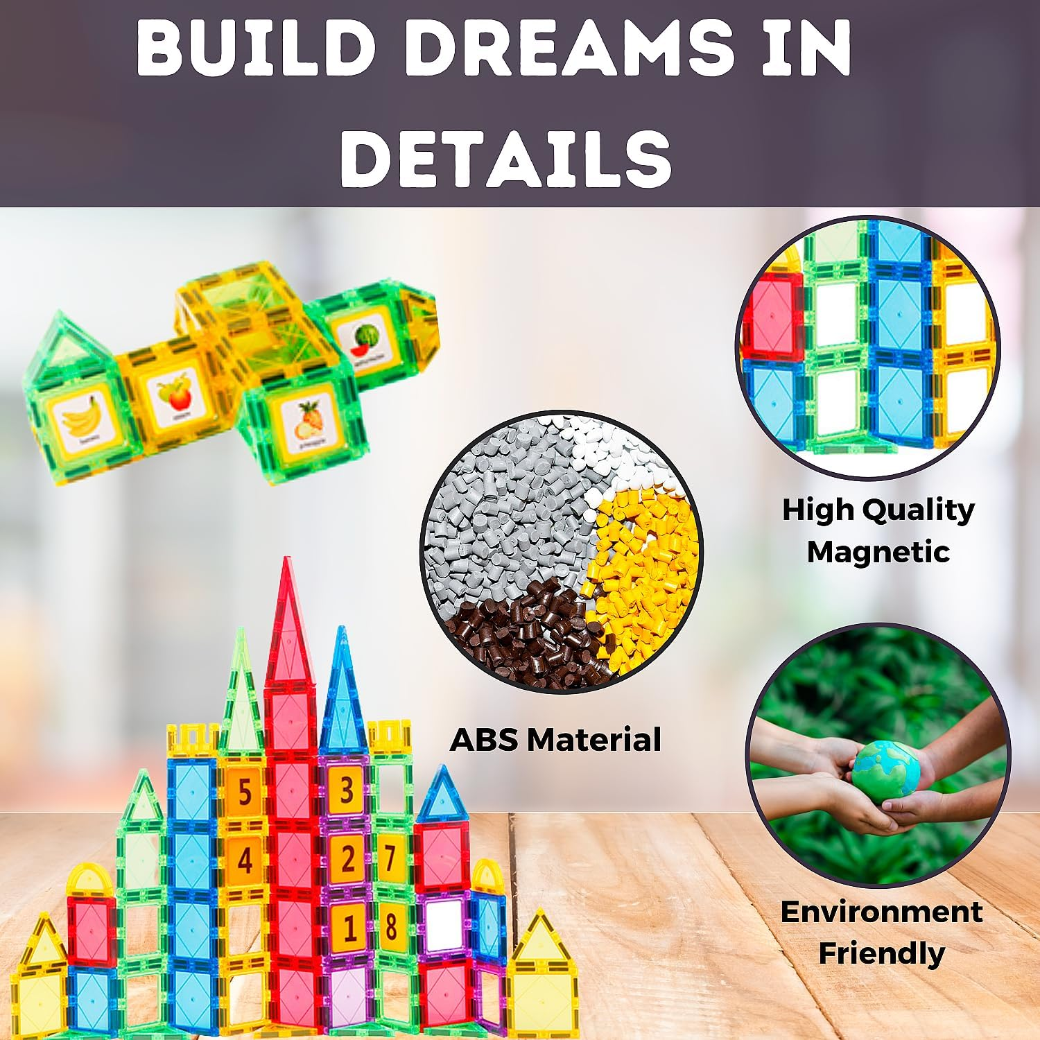 AKMA Magnetic Tiles Building Blocks Set - 103Pcs Magnetic Blocks Including Car, Secure Rivets, Bpa-Free, Rainbow Colors, STEM Learning Toys for Kids, Toddlers, Boys & Girls, Inspiring Montessori Fun