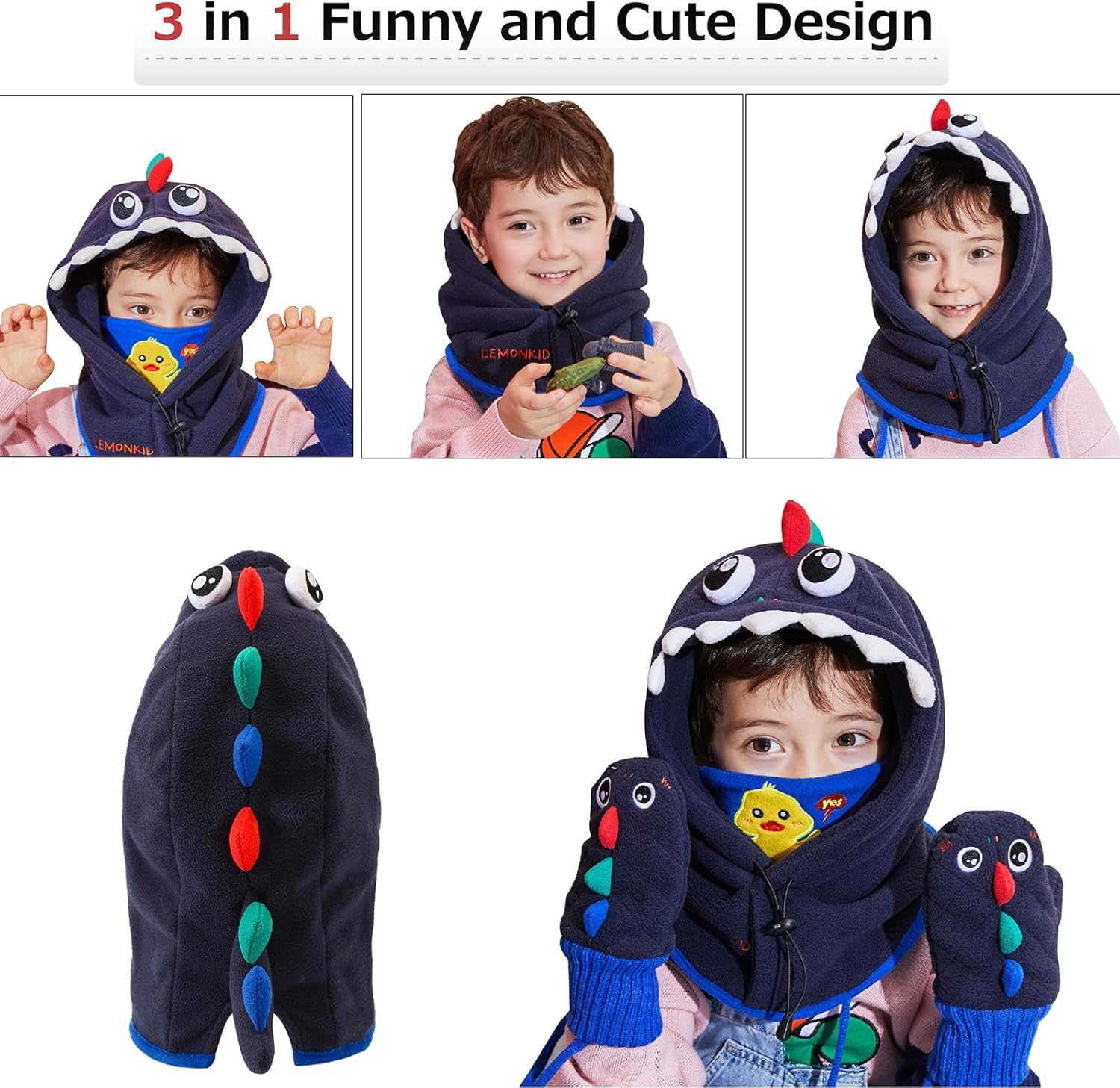 AQIIGOSE Kids Balaclava Ski Mask, Windproof Thermal Fleece Winter Hat for Boys & Girls, Adjustable Fit for Cold Weather, Cycling, Hiking, Snow Play - Navy Blue - Dinosaur image number 2