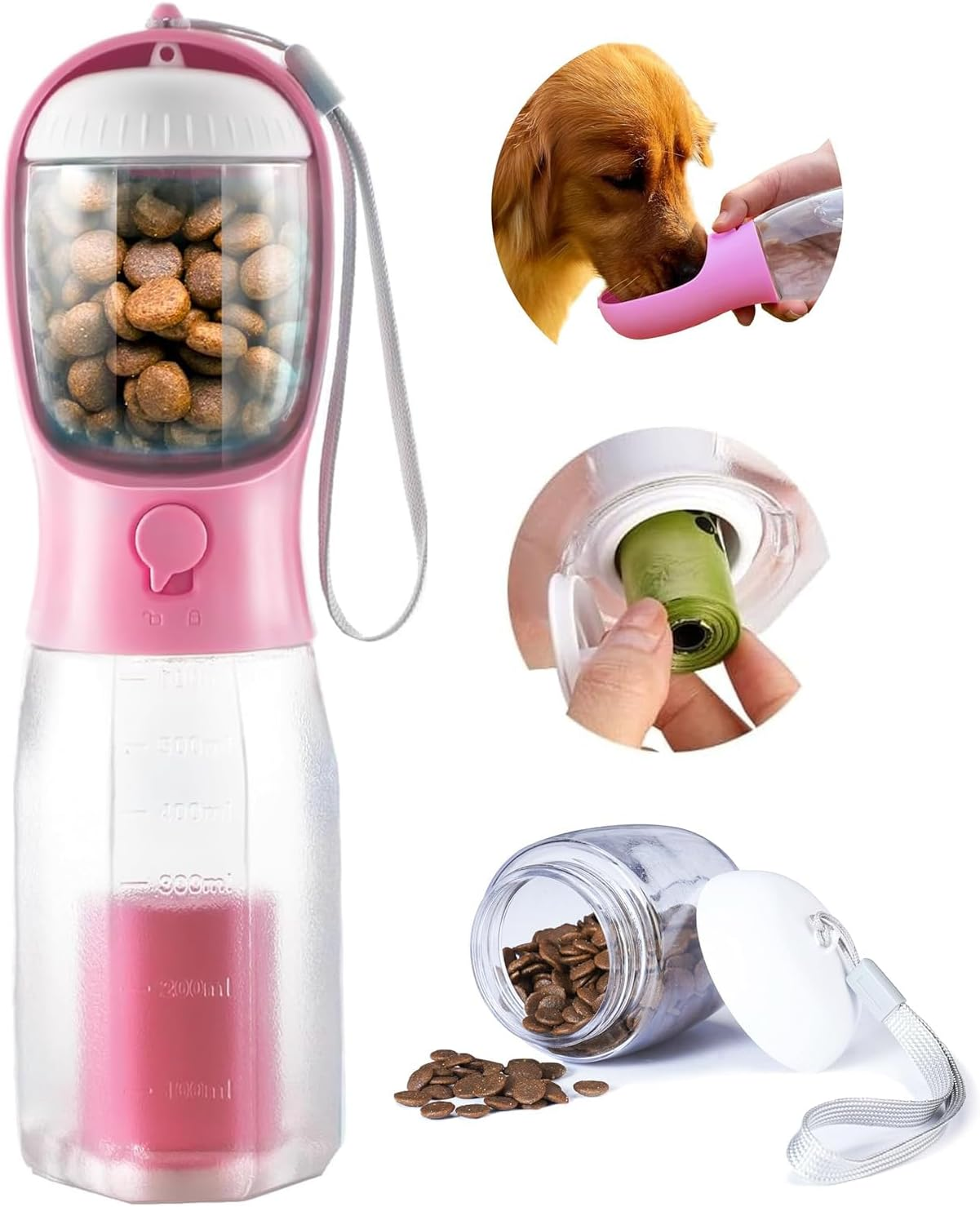 Dog Water Bottle with Food Container & Poop Bag Holder, Portable Pet Dispenser, Dog Stuff Accessories Items, Puppy Essentials Necessities for Yorkie Chihuahua Walking Hiking (Pink) image number 1