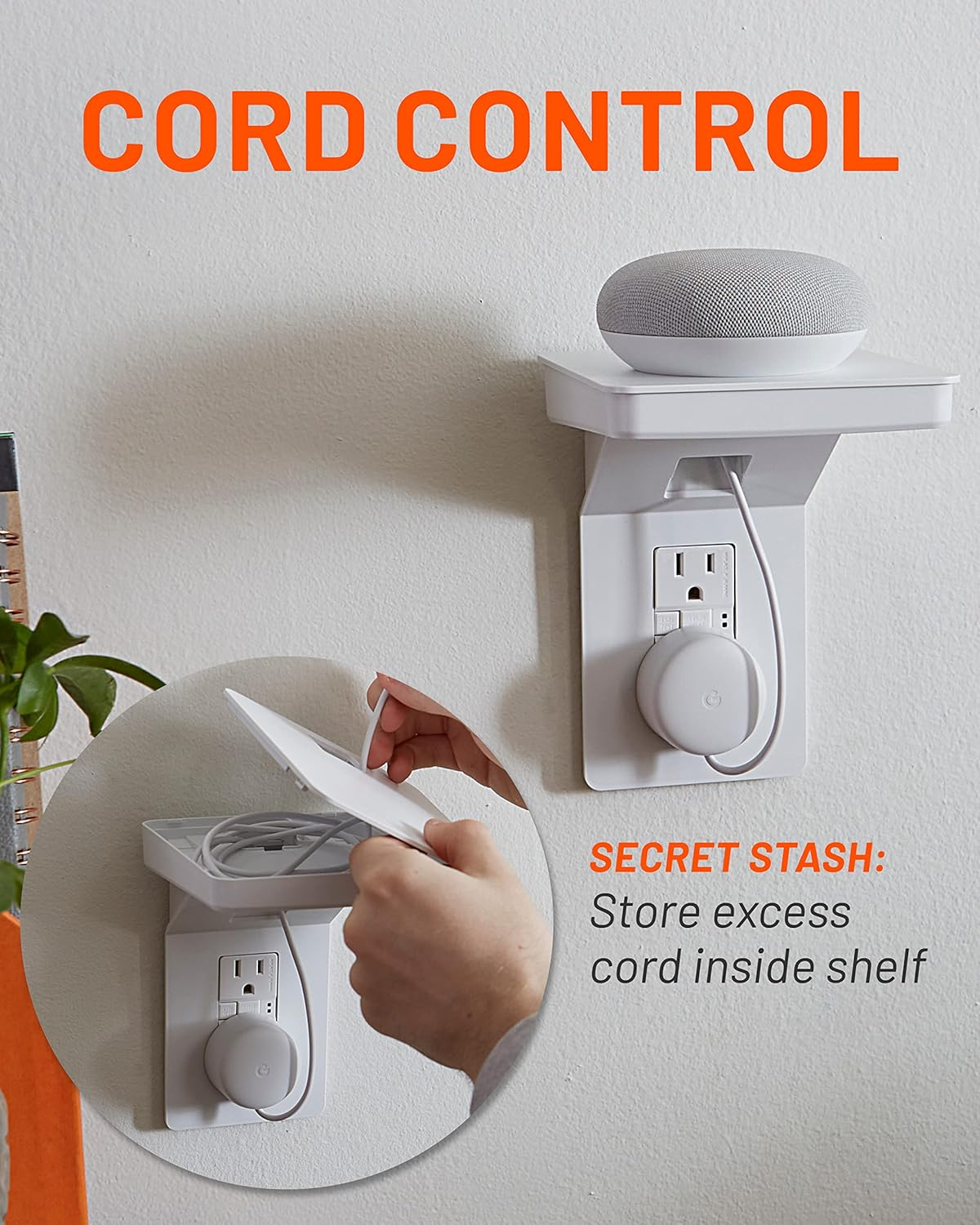 ECHOGEAR Outlet Shelf for Decora/Gfci Outlets - Next-Gen Design with Built-In Cord Storage & Room for Bulky Plugs - Quick Install with Included Hardware image number 4