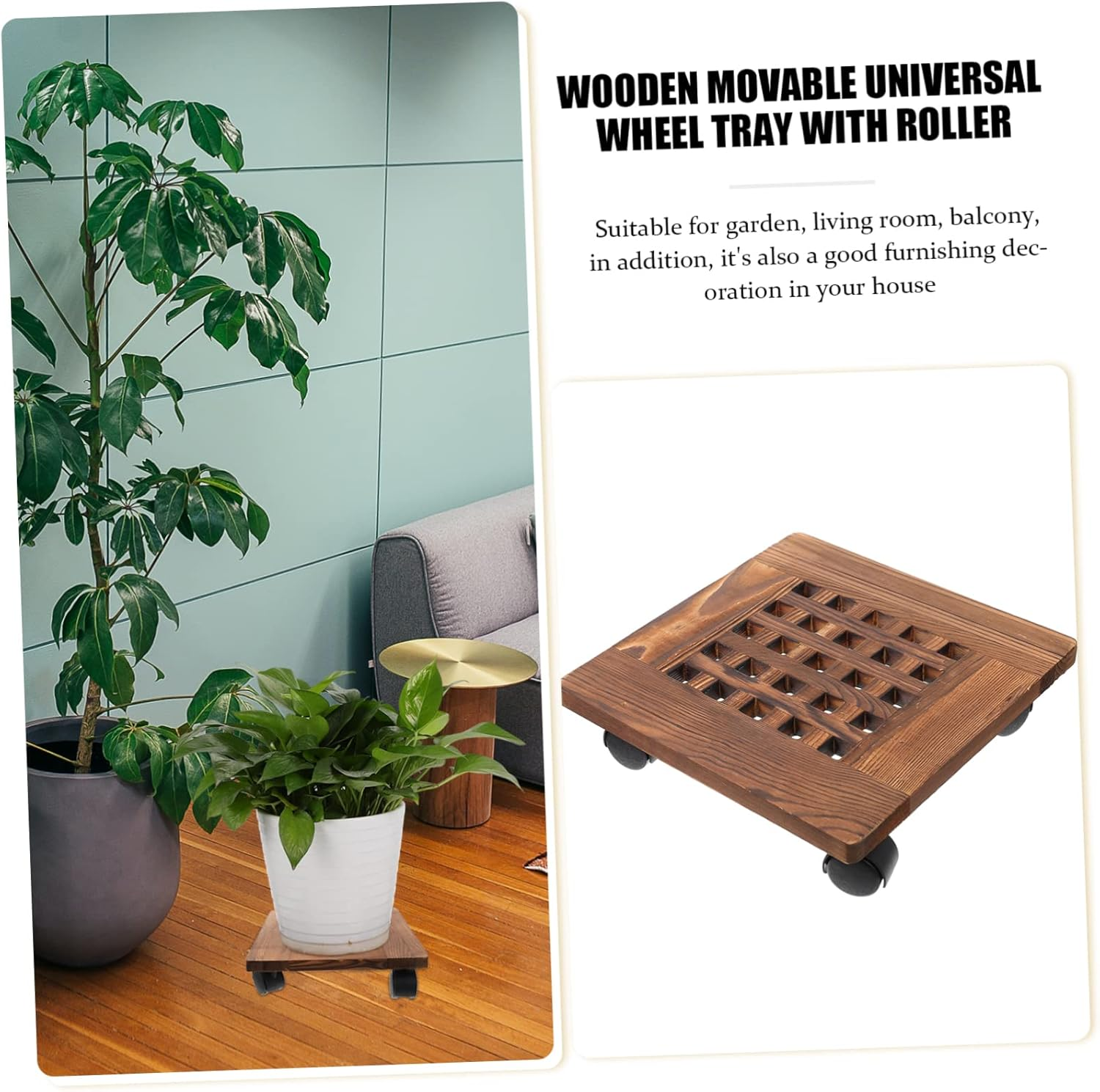 Solid Wood Movable Flowerpot Holder Tray with 4 Reinforced Wheels and Brake 30X30Cm, Plant Pot Base Caddy for Indoor and Outdoor Gardening, Sturdy Thickened Plant Stand with Universal Casters image number 6