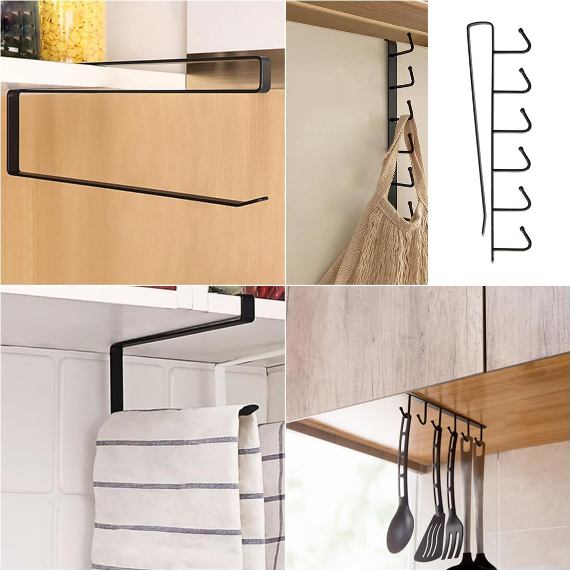2 Pack under Shelf Organizers, Kitchen Roll Paper Towel Holder Mug Storage Hooks, Home Organization Accessories for Hanging Rolls, Towels, Coffee Cups, Cooking Utensils, Metal (Black) image number 6