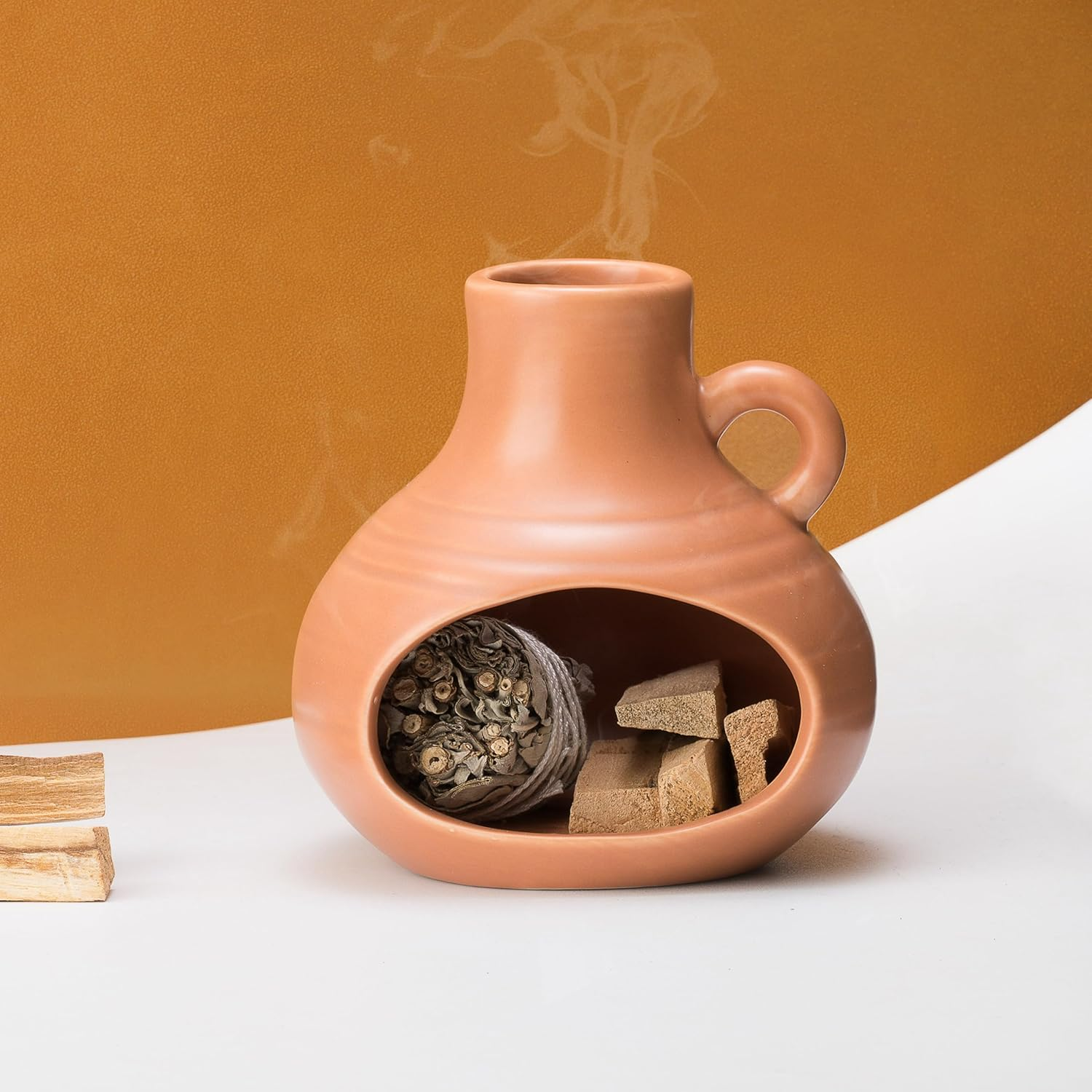 3 in 1 Holder Burner, Modern Chiminea Incense Burner for Palo Santo Sticks Cones Sage Bundles, Ceramic Smudge Bowl, Meditation Yoga Home Decor (Terracotta) image number 1