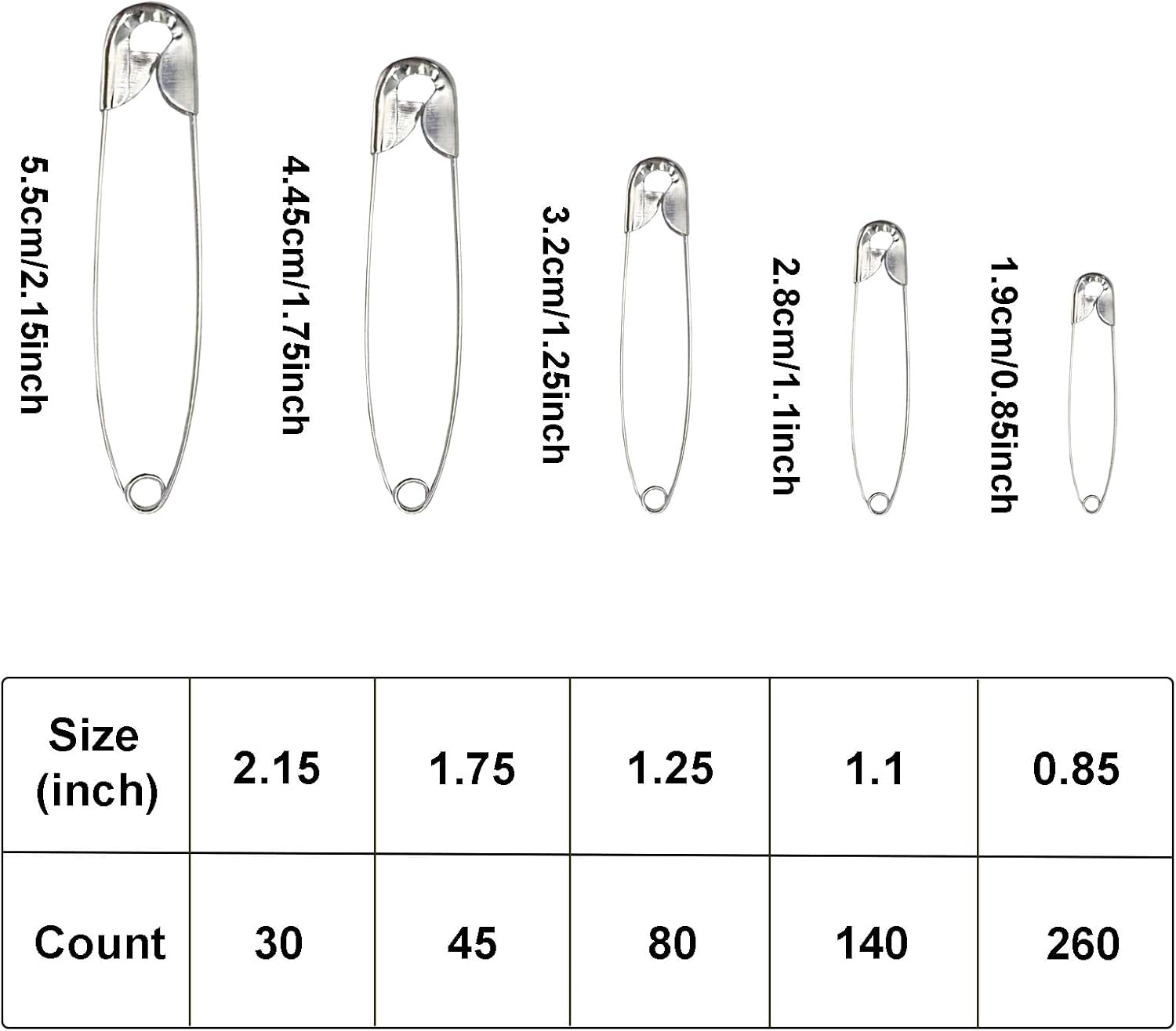 YUESUO 550 Pack 5 Different Sizes Silver Safety Pins Heavy Duty Safety Pin for Clothes, Crafts, Sewing (550) image number 4