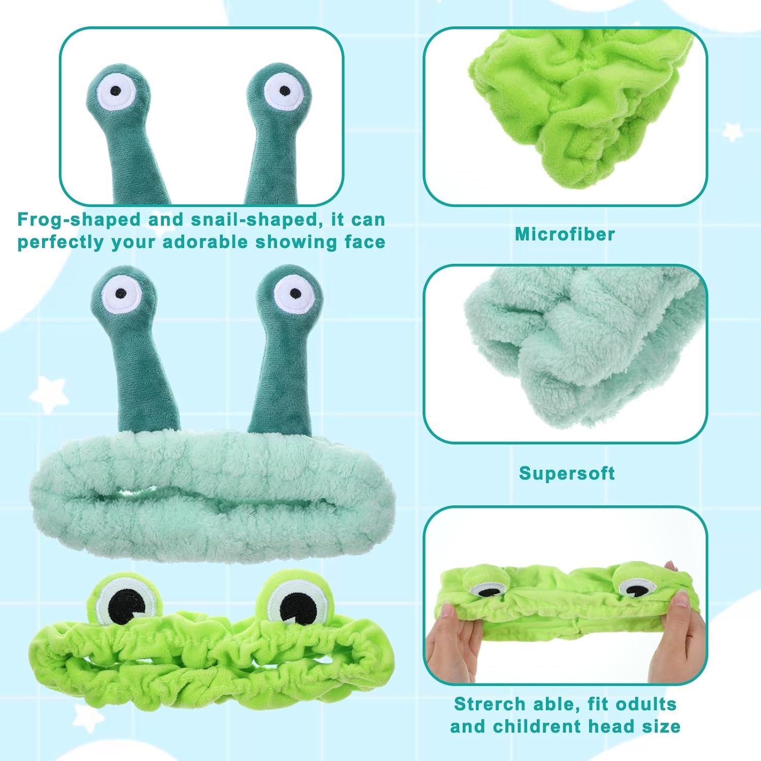 5 Piece Spa Headband Face Makeup Snail Cartoon Cute Hair Accessories Green Frog Eye Elastic Headband Skin Care Headband for Women Face Wash Skin Care Funny Gift image number 6