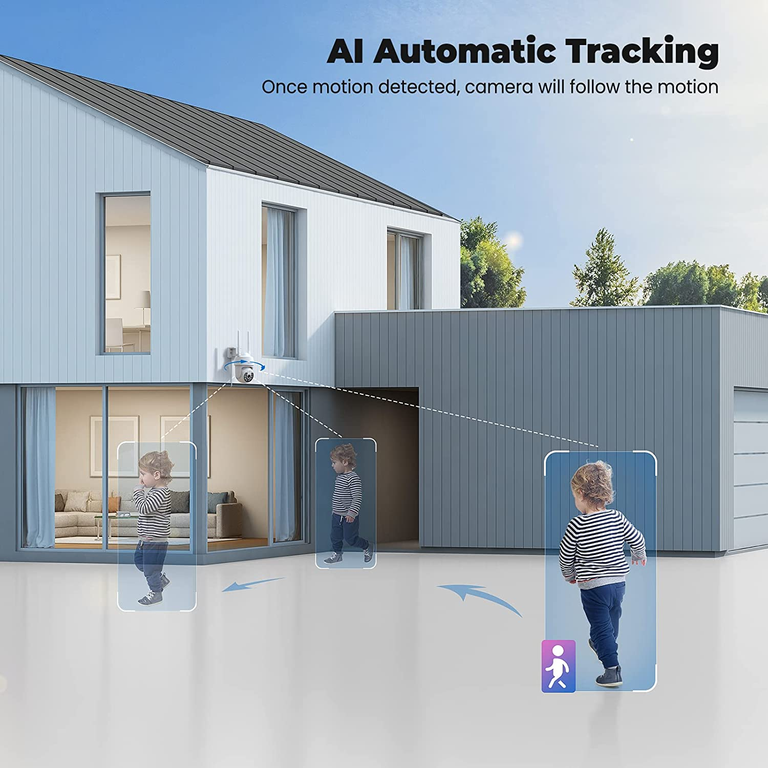 2K Telecamera Wi-Fi Esterno Con Vista a 360&deg;, Codnida 3MP Videocamera Sorveglianza Con Fili PTZ Telecamera Con Visione Notturna, Tracciamento Automatico Del Movimento,Allarme Sonoro E Luminoso image number 3