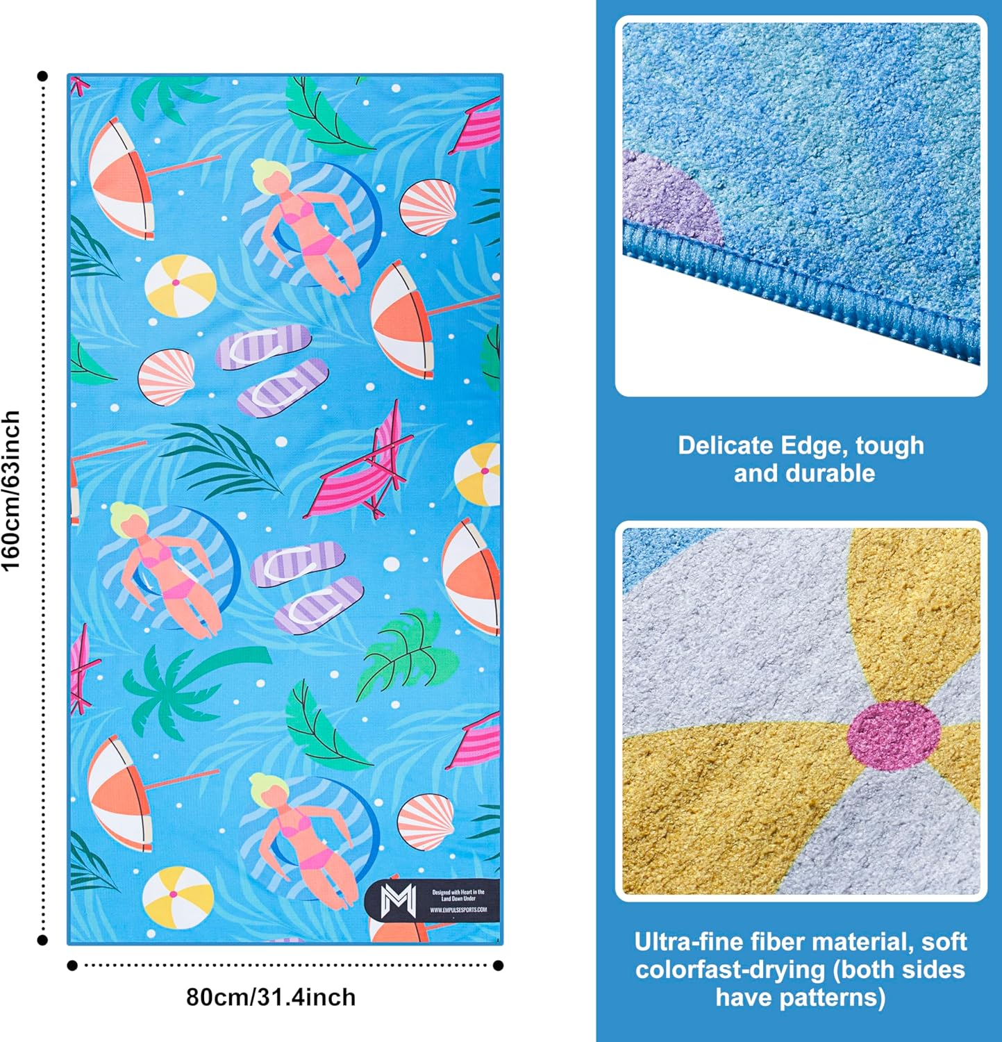 EMPULSE Sand-Free Beach Towel | Ultra-Absorbent & Quick-Drying | Premium Waffle Weave Feel | 160X80Cm | Lightweight & Compact &ndash; Ideal for Beach,Travel, Pool, & More! (Coastal CHILL) - In Between The Stripes image number 2