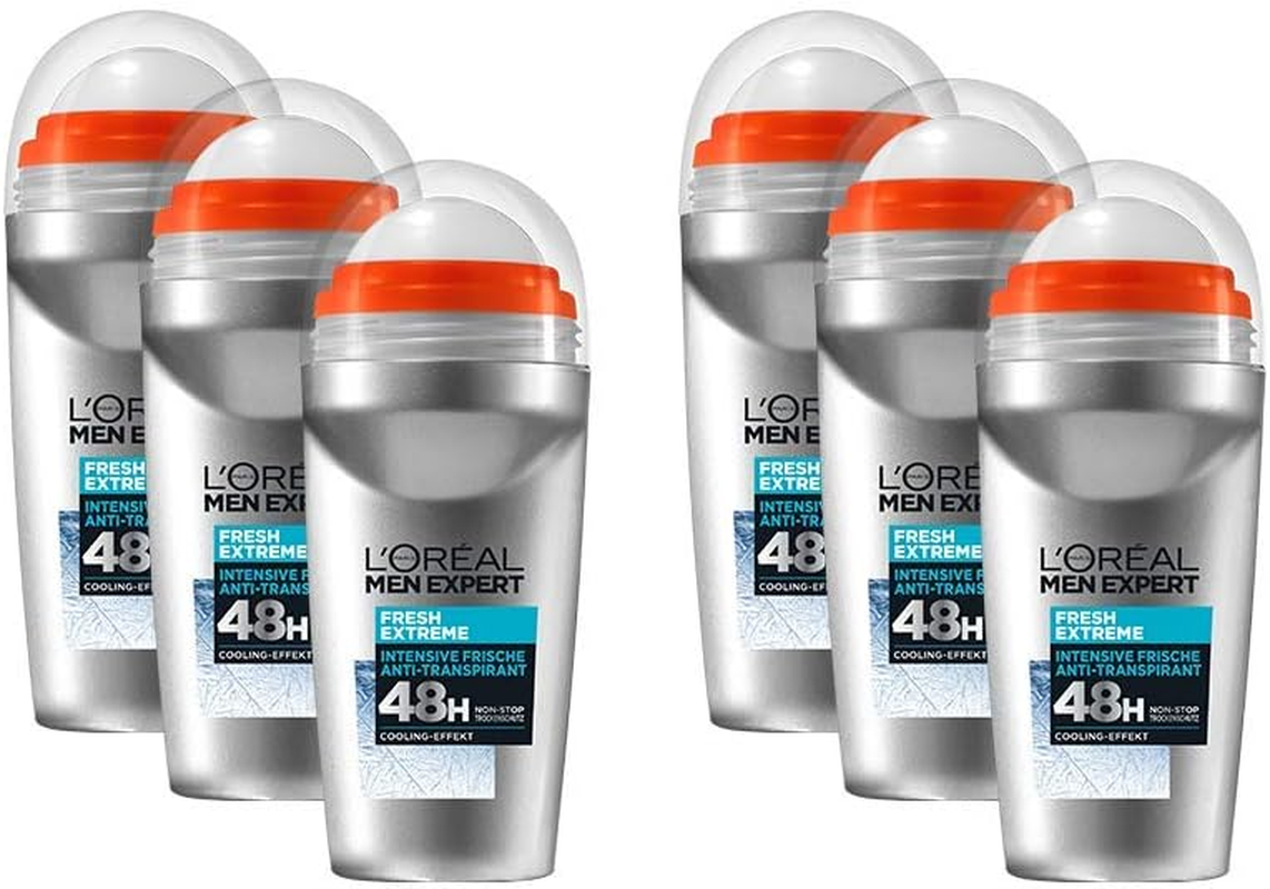L'Or&eacute;al Men Expert Cooling Deodorant for Men, Intensive Roll-On Deodorant for 48 Hours, Ultra Cooling Effect, Fresh Extreme, 6 X 50 Ml
