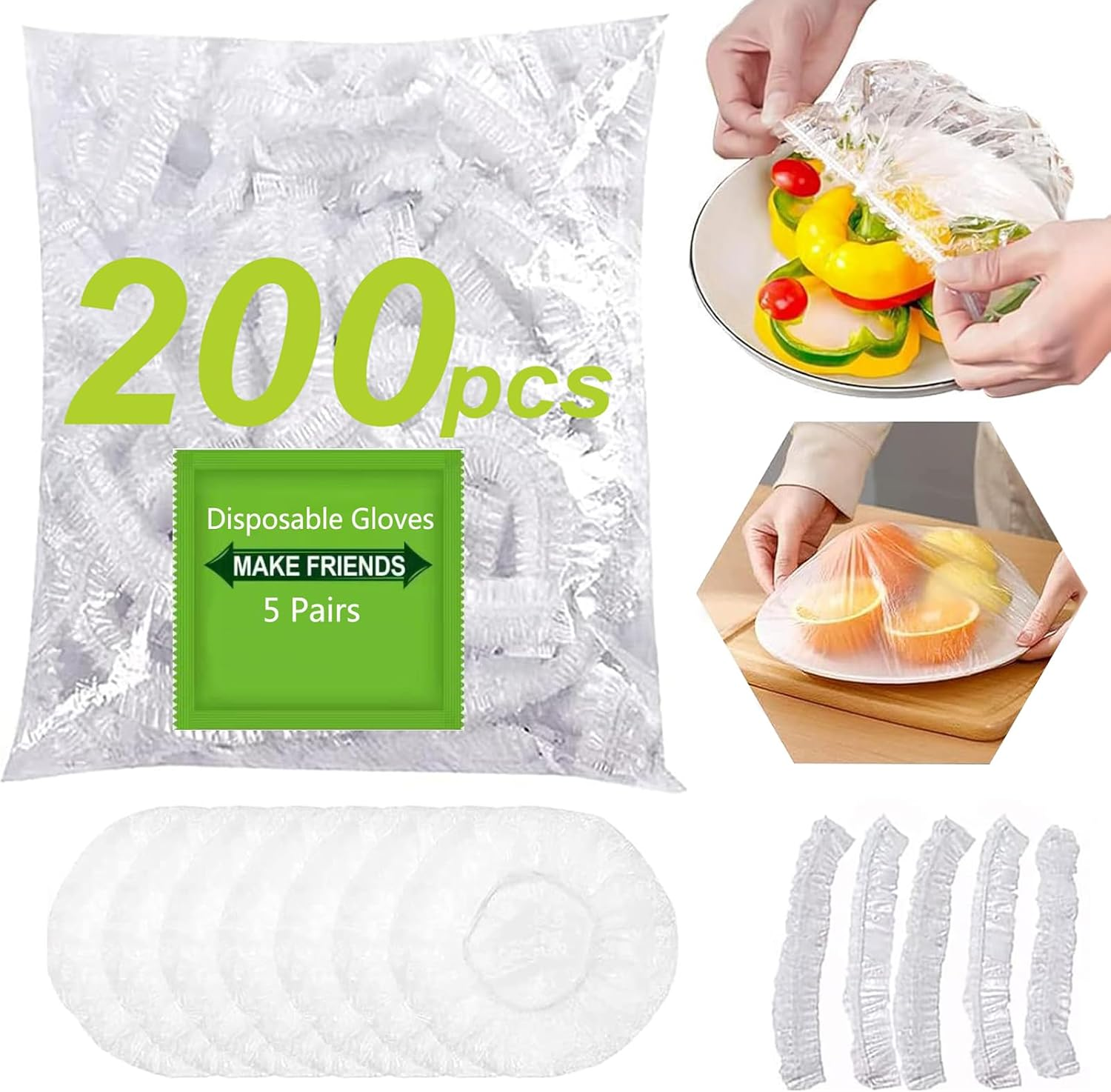 200 Pcs Elastic Food Storage Covers Clear Plastic Wrap Bowl Covers & 5 Pairs of Disposable Gloves Alternative to Foil for Outdoor Picnic for Restaurant Picnic image number 2