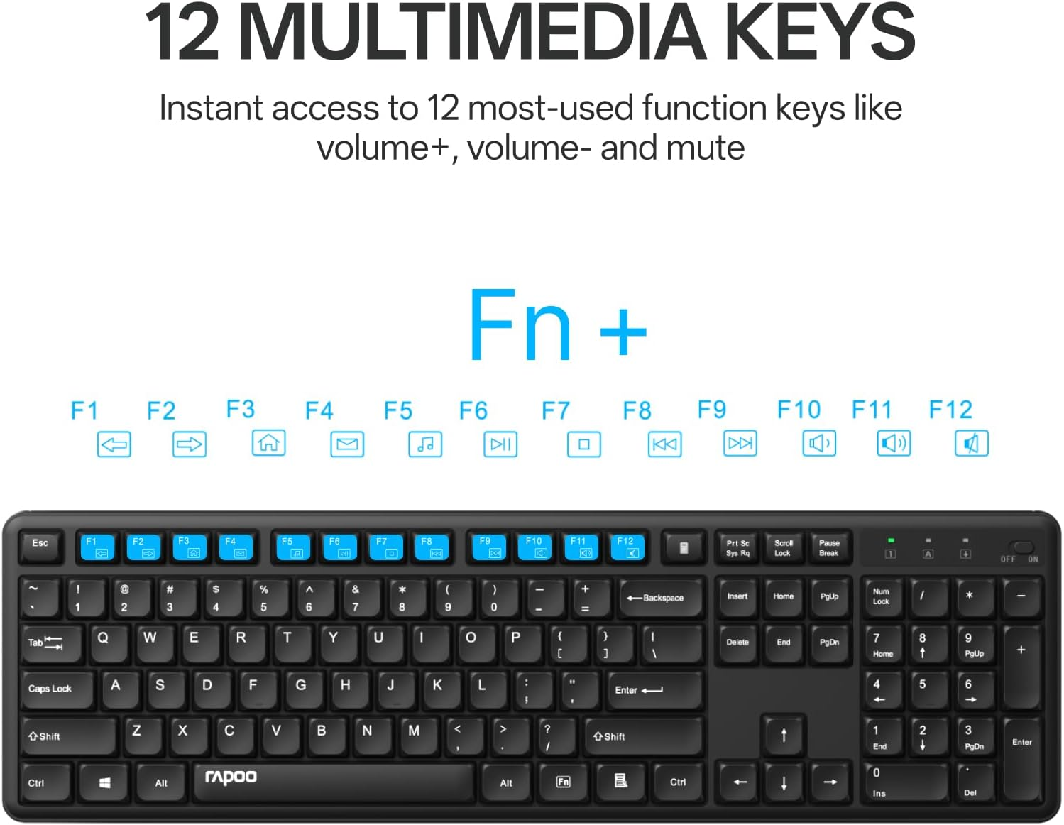 Rapoo X2100 Quiet Wireless Keyboard and Mouse Combo, 2.4Ghz USB Receiver, 12 Multimedia Keys, Spill-Proof, Full-Sized, Compatible with PC, Laptop, Black image number 6