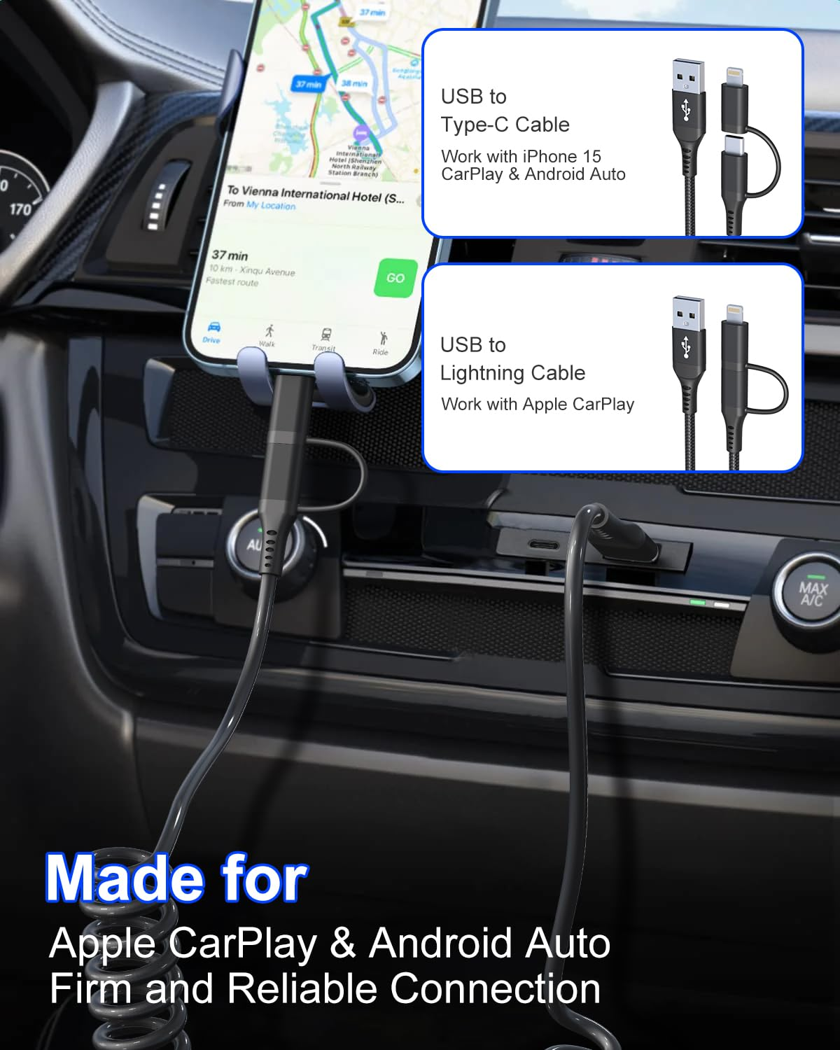 Coiled USB to USB C and Lightning Cable 2 in 1 - Mfi Iphone 15 Car Charger Cord, 3A Fast Charging Cable for Iphone 15/15 Pro/15 Pro Max/14, Galaxy, Android, Support Apple Carplay & Android Auto & Data