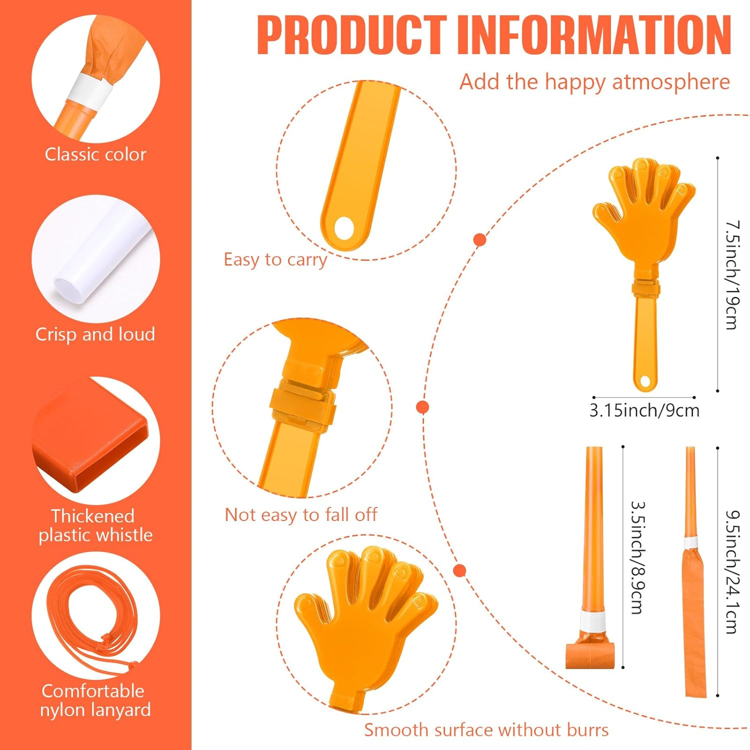 48 Pcs Cheerleading Pom Poms Thunder Sticks Hand Clappers Plastic Whistles with Lanyards Squawker Horns image number 5