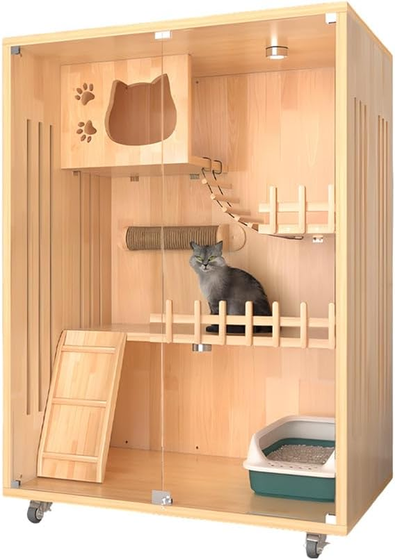 Large Indoor Cat House - Multi-Level Wooden Cat Villa with Lockable Wheels, Tempered Glass Doors & Ventilation, Enclosed Cat Condo for Indoor Cats, 35"X 24"X 49" (90&times;60&times;125 Cm) image number 2