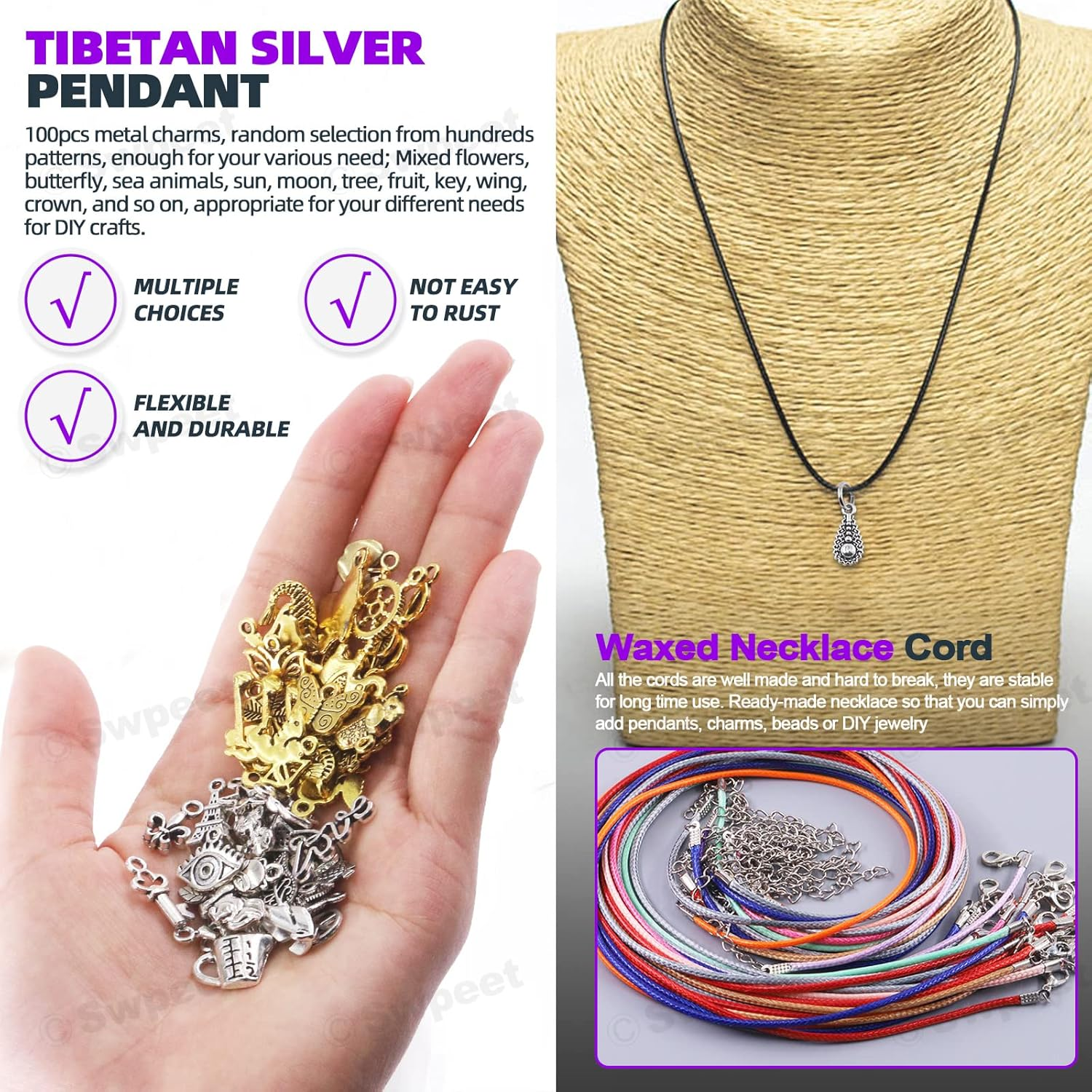 Swpeet 2724Pcs 4Mm 5Mm 6Mm 8Mm 10Mm Open Jump Rings and Lobster Clasps with Jewelry Repair Tools Assortment Kit, Including Waxed Necklace Cords, 12Mm Lobster Clasps, Tibetan Silver Pendant image number 6