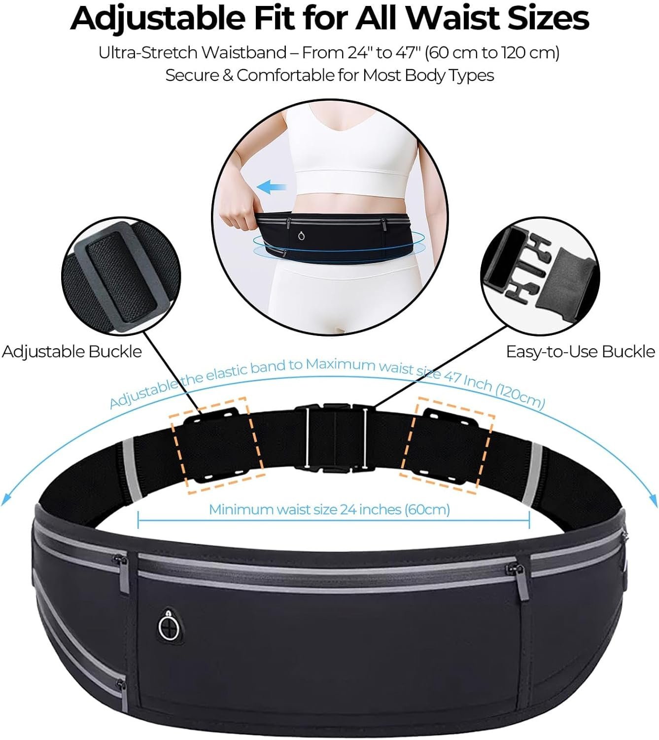 QUPOLPOL Running Belt Waist Pack &ndash; Adjustable Water-Resistant Bum Bag with Phone Pocket, Reflective Strips, No-Bounce Fit for Running, Jogging, Gym, Hiking, Travelling, Black - Pink image number 5